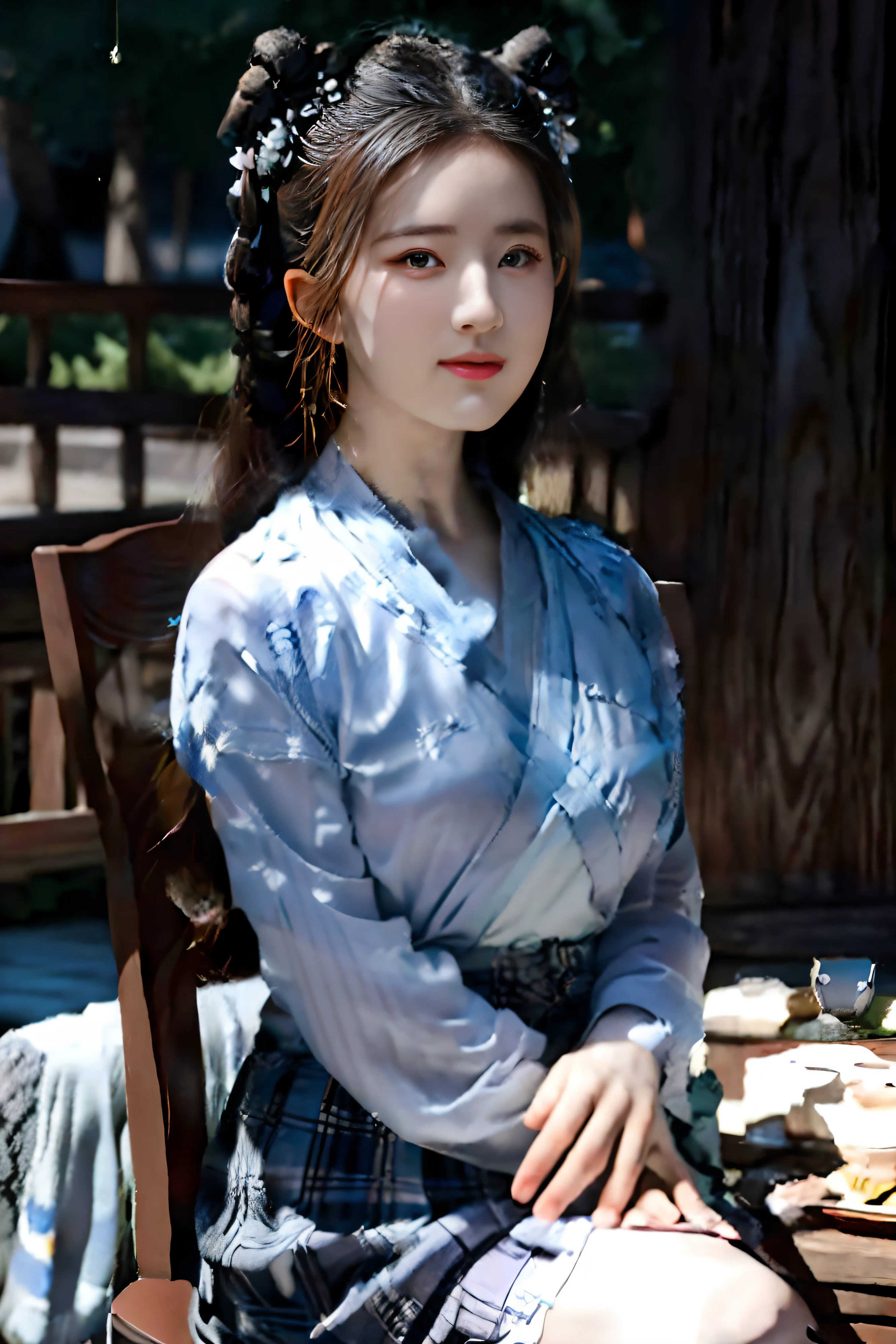 Ultra-realistic 8K CG,perfect face,Flawless perfection,clean,master-piece,Professional Artwork,famous artwork,perfect face,Exquisite Face,beautidul eyes,((perfect female body)),single,(Realistic atmosphere,Light contrast and hue:1.5,bright lighting:1.2,lumnious),,(Blush:0.5),A charming expression,Ultimate detail_eye,thick thighs,big nipple,beautiful background,deep depth of field,photorealestic:1.3,Distant view,1girll,dress shirt,Black pleated skirt,Sitting posture,Full Body Esbian,(Ambient light:1.3),(cinematic composition:1.3),(Neon Light:0.1),(HDR:0.1),Focus on light,White panty tubes,outside,Chinese actresses,Zhao Lushi
