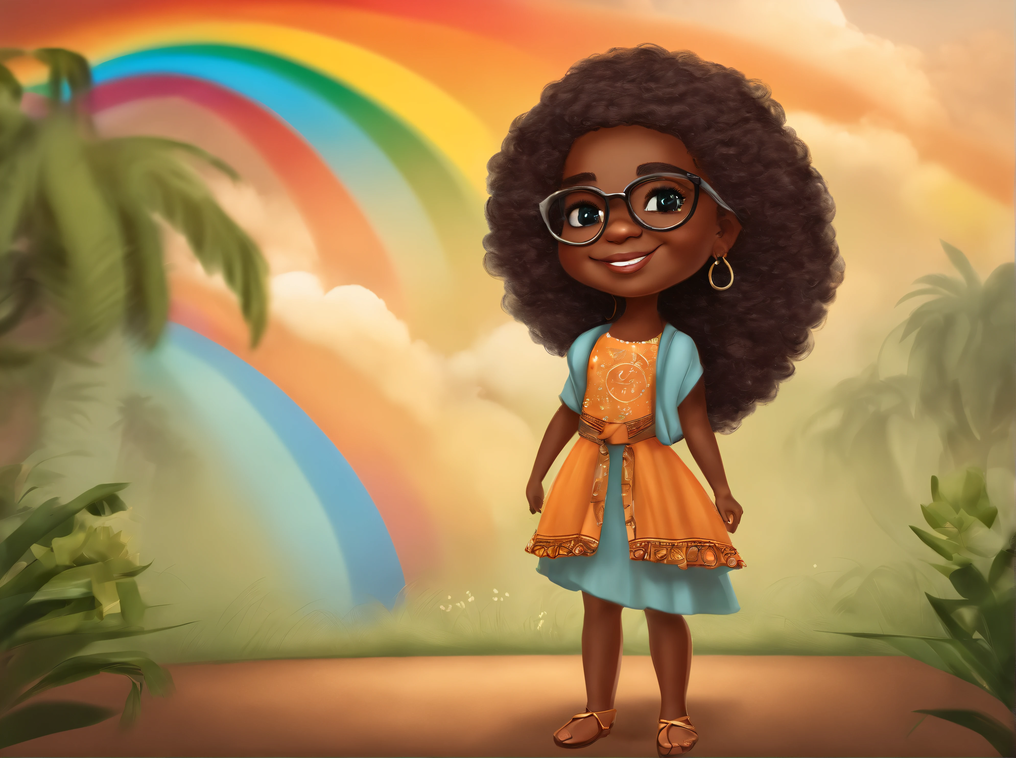 africana, cabelo cacheado, chibi, corpo inteiro, olhos grandes e castanhos, sentada, In the background a rainbow with the word "BEATRIZ",Background Silica Color, com vestido laranja, bespectacled, imagem 3d