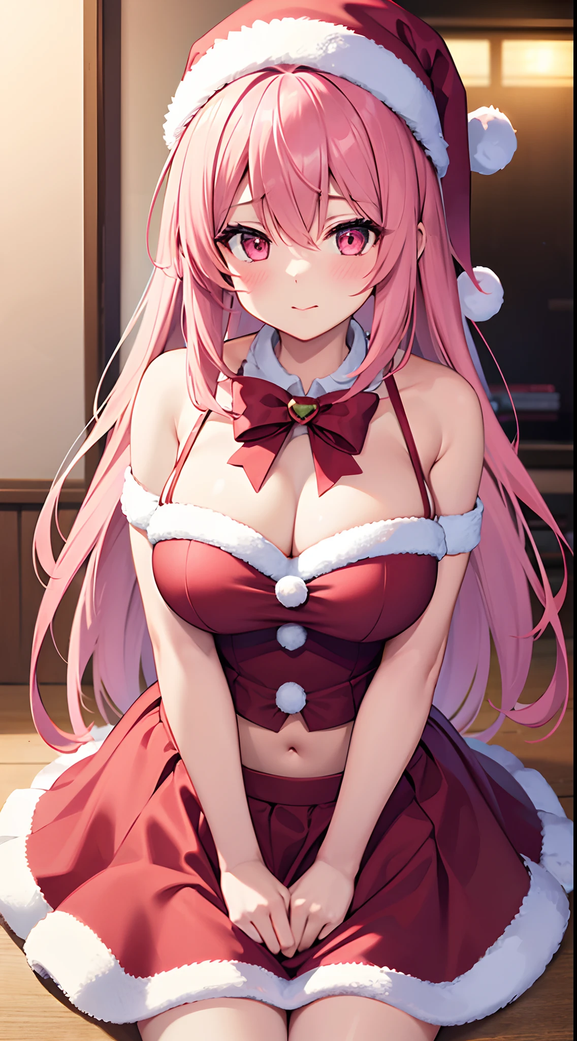 1 girl, game CG, mini Santa Claus costume, Santa Claus hat, gigantic breasts, pink hair, long hair, straight hair, ahoge, pink eyes, blush,