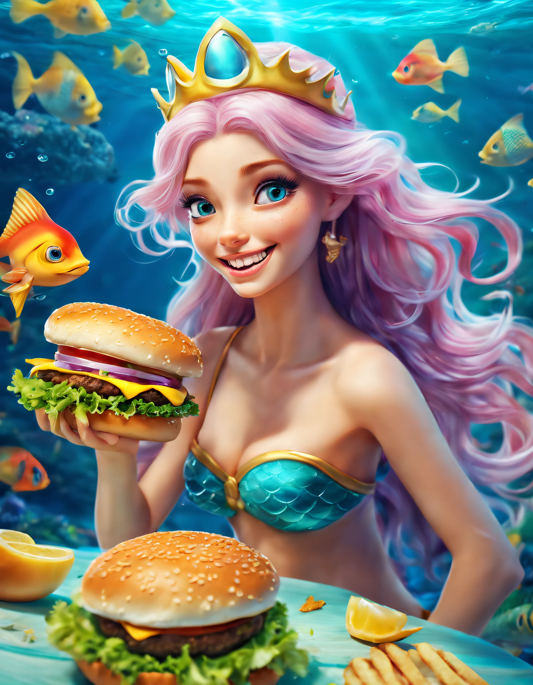 sportrait,Mermaid princess,long whitr hair,Vivid colors,ears of elf,joyful expressions,Prepare to eat a juicy burger,(The hamburger is in the center of the picture),Focus on burgers,Delicious food,Close-up shot。At the bottom of the sea,[Marine life],the reef.(Best quality,4K,8K,A high resolution,Masterpiece:1.2),((Realistic,Photorealistic,photo-realistic:1.37))