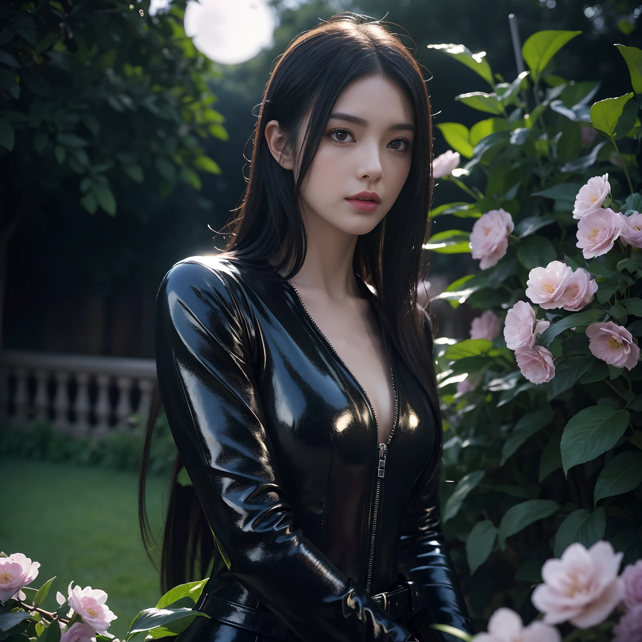 A girl assassin in a garden, detailed eyes and face, long eyelashes, dark and mysterious atmosphere, wearing a sleek black leather outfit, holding a sleek silver dagger, surrounded by vibrant blooming flowers and lush foliage. The assassin is in a stealthy pose, blending seamlessly with the shadows. The garden is illuminated by soft moonlight, casting an ethereal glow on the scene. The artwork is a high-resolution digital illustration (best quality, ultra-detailed, realistic) with vibrant colors and a touch of fantasy elements.
