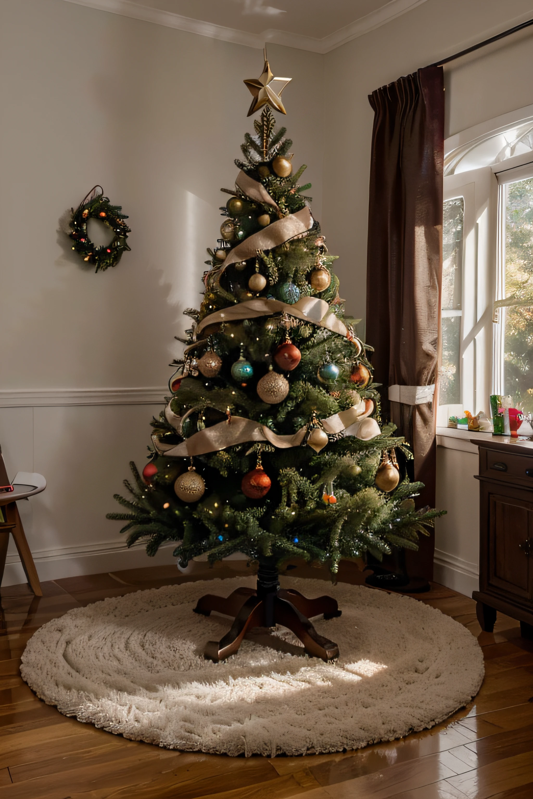 Christmas tree, foto realista, enfeite de cores variadas, luzes brilhantes com presentes variados e cores vibrantes, sala de casa, Vida elegante, decorated and with a shining star in the cinematic, fotografia profissional, studio illumination, studio background, advertising photography, detalhes intrincados, hiper-detalhado, ultra realista, 8K UHD,