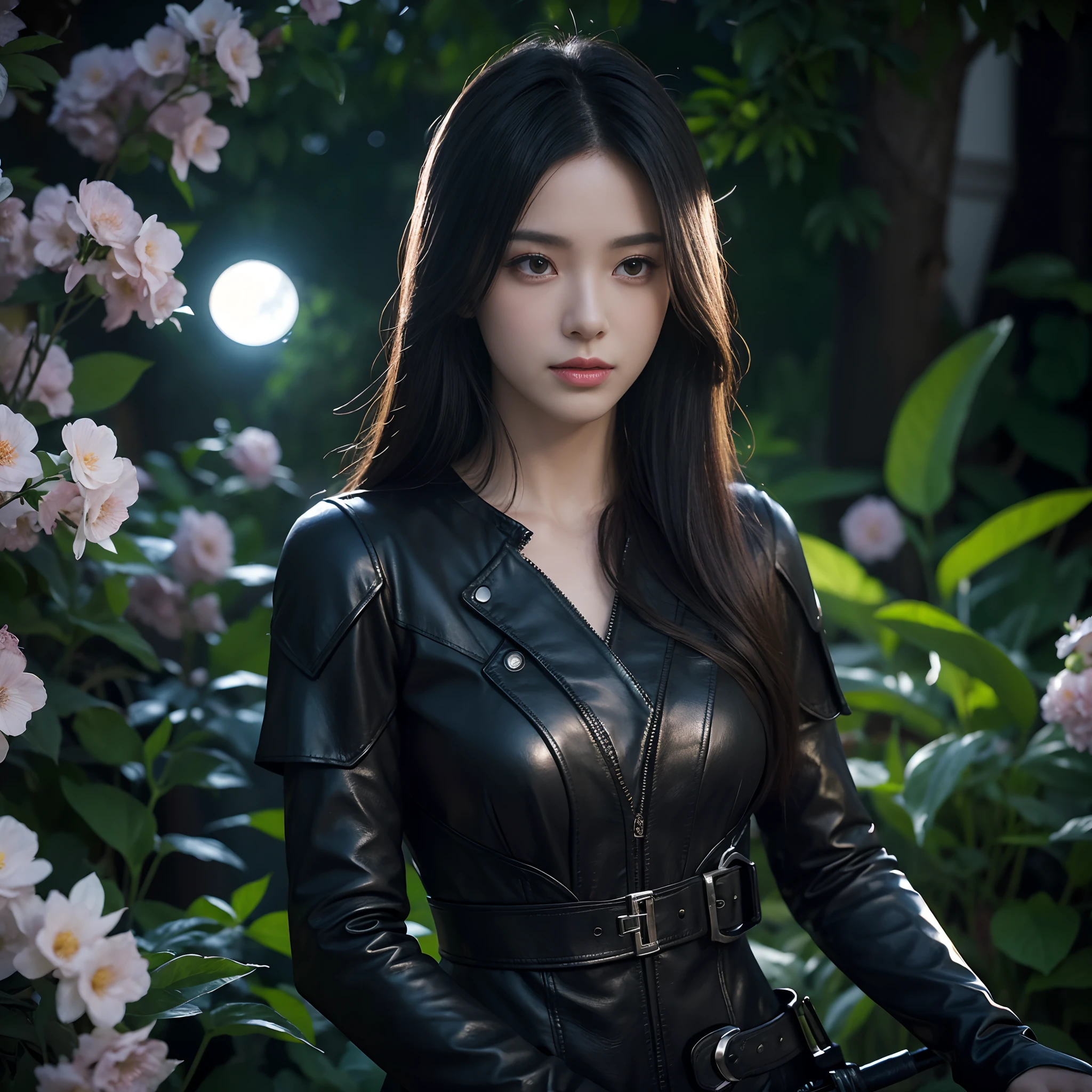 A garden with a female assassin, detailed eyes and face, long eyelashes, a dark and mysterious atmosphere, wearing fashionable black leather clothing, holding a smooth silver dagger, surrounded by vibrant blooming flowers and lush foliage. The assassin is in a stealth position, seamlessly merging with the shadows. The garden is illuminated by soft moonlight, casting an ethereal glow on the scene. The artwork is a high-resolution digital illustration (best quality, ultra-detailed, photorealistic), with vivid colors and a hint of fantasy elements.