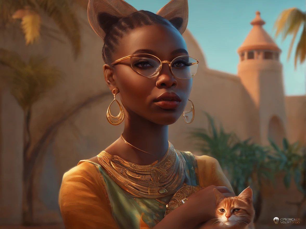 menina africana, a digital painting of a girl and a cat, a character portrait by Chinwe Chukwuogo-Roy, cg society contest winner, afrofuturism, 2d game art, artstation hd, storybook illustration.  com vestido laranja, bespectacled, imagem 3d