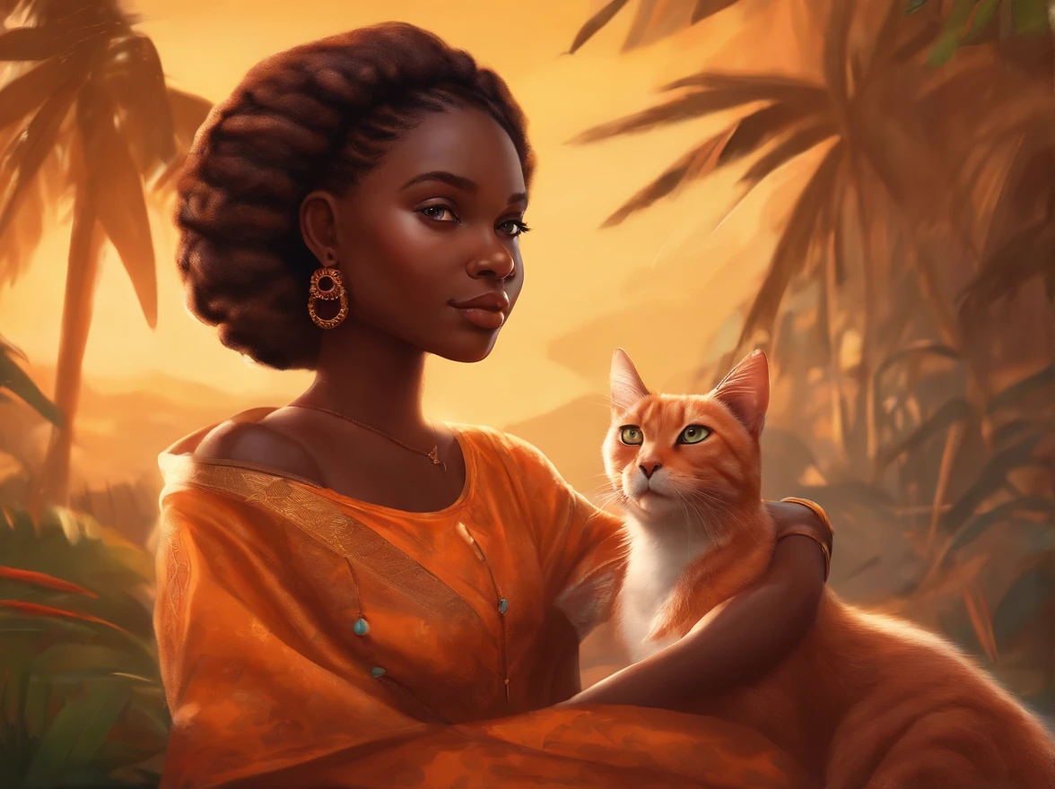 africana, a digital painting of a girl and a cat, a character portrait by Chinwe Chukwuogo-Roy, cg society contest winner, afrofuturism, 2d game art, artstation hd, storybook illustration. com vestido laranja, bespectacled, imagem 3d