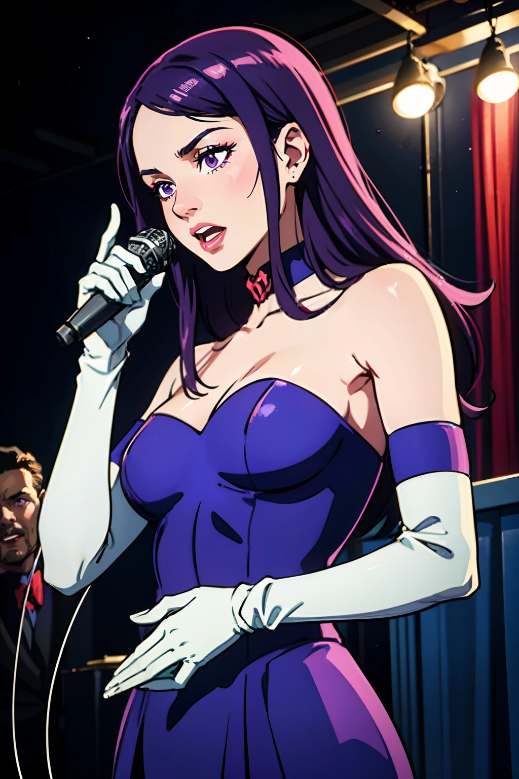 best quality,4k,8k,highres,masterpiece:1.2),ultra-detailed,(realistic,photorealistic,photo-realistic:1.37), vibrant colors, stage spotlight, vintage microphone, elegant hair, graceful pose, dynamic atmosphere, stylish interior, classic jazz era vibes, captivating performance, soulful expression, animated jazz band, rhythmic music, passionate singing, microphone stand, energetic crowd, glamorous ambiance, seamless visual composition, enchanting red lighting, IvFE, purple hair, long hair, purple eyes, in a violet dress, long white elbow gloves, holding old 1920s microphone, jazz club background, singing