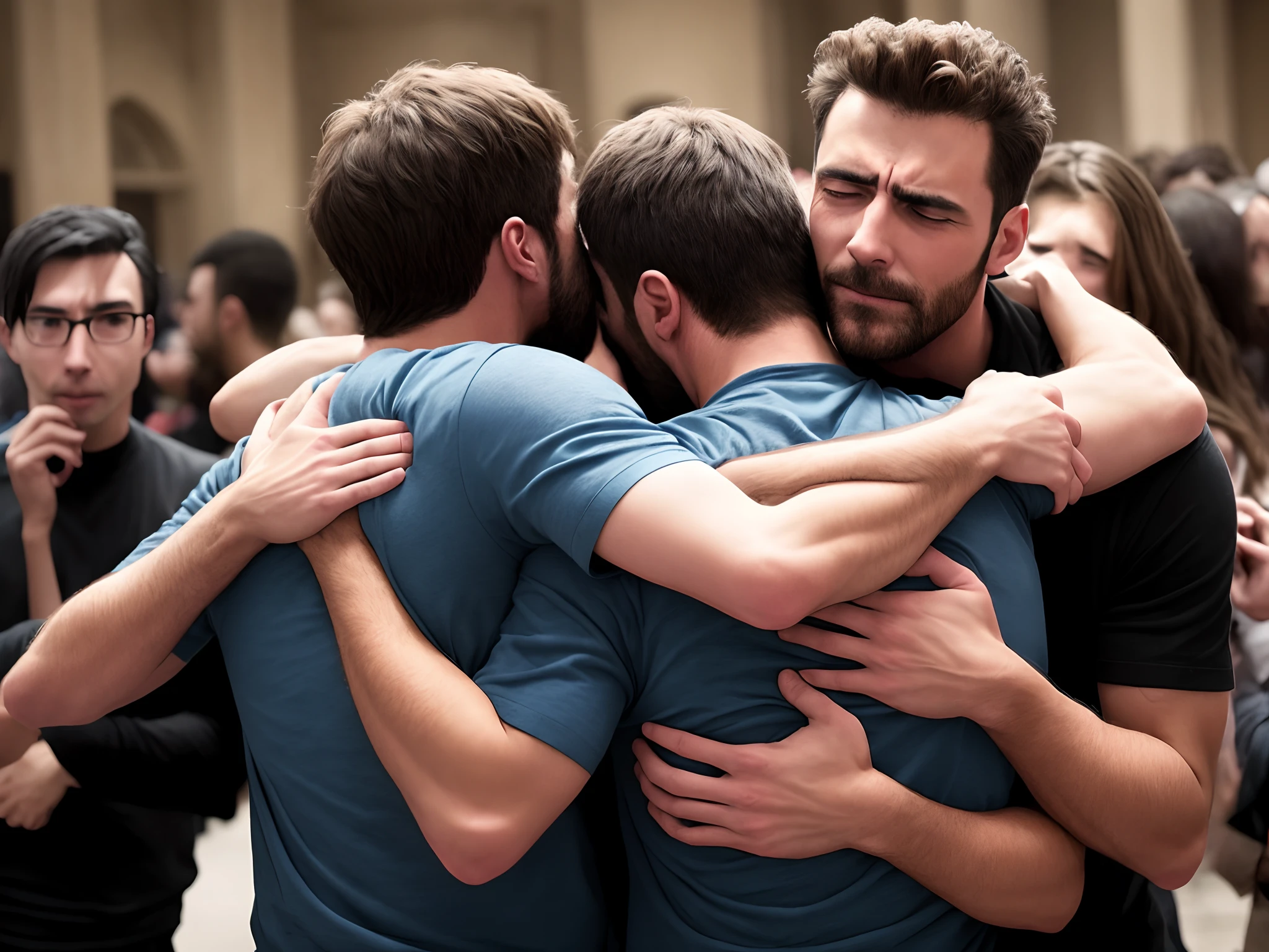 man showing no emotion to getting hugged by demons