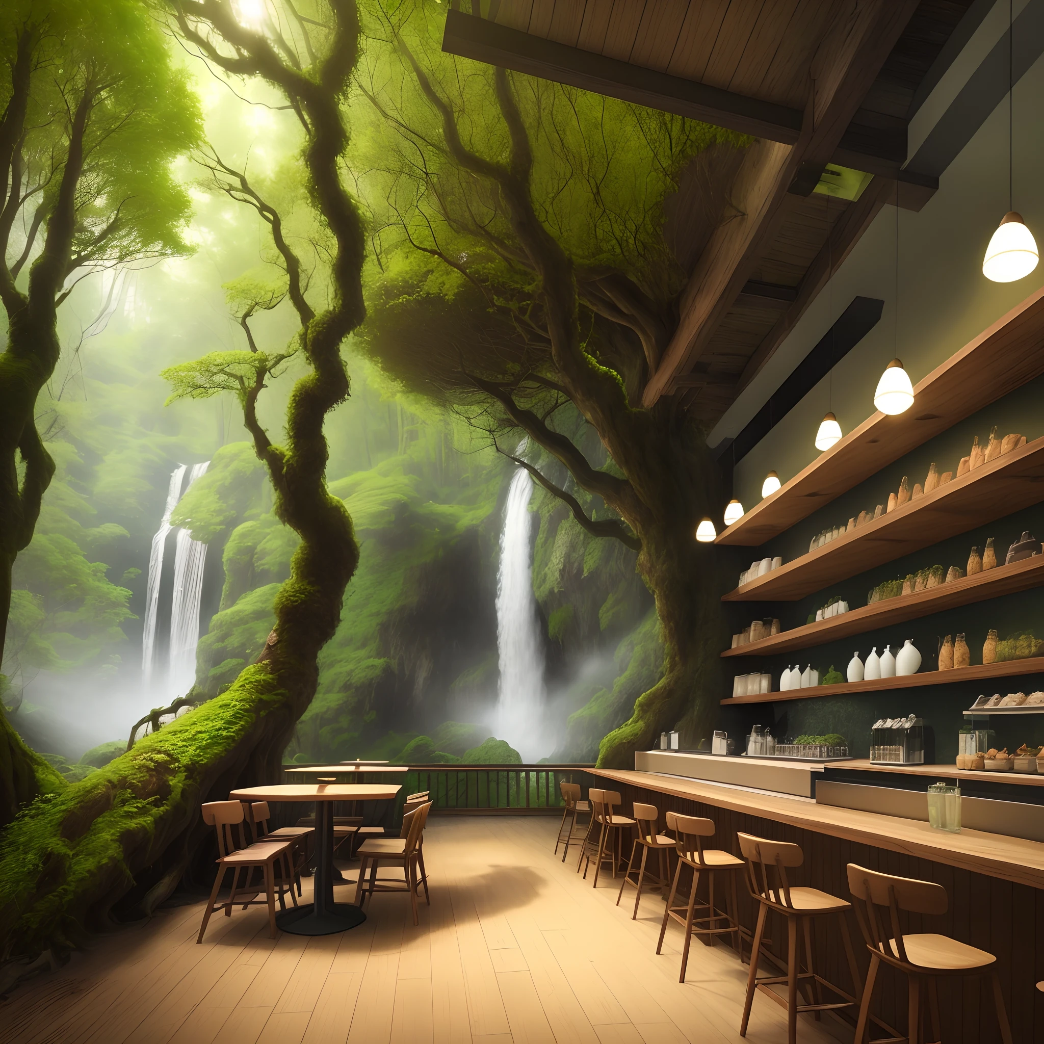 There is a forest and a waterfall in the store.、A café that looks like you're in the woods The floor is green moss