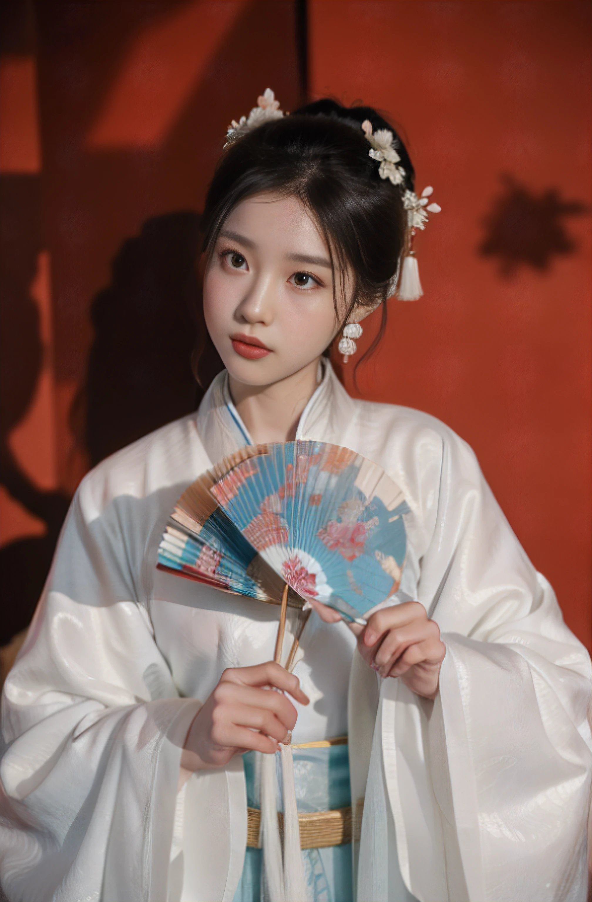 Araki woman in a white dress holds a fan and a white hat, Palace , A girl in Hanfu, Wearing ancient Chinese clothes, White Hanfu, Hanfu, Traditional Chinese clothing, with acient chinese clothes, Chinese traditional, Chinese costume, inspired by Qian Du, Princesa chinesa antiga, Chinese style, Inspired by Qiu Ying,good eyes,sideface,Soft portrait shot 8 K,