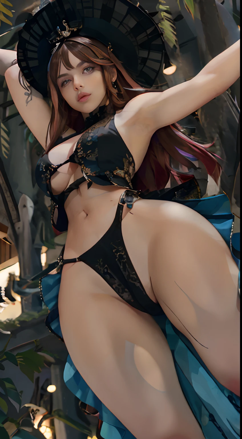 La mejor calidad, Erza, 1girl, solamente, largo_cabello, senos, Looking_en_espectador, inexpresivo, big size ass_senos, brown_Ojos, escote, 鎖骨, rOjo_cabello, cabello_sobre_Uno_Ojo, trono, alta calidad, bailar, Dancer, Ropa de baile, barriga, stomach, Bedlah, Cara perfecta,Ojos expresivos, Ojos negros , pechos grandes, Axilas