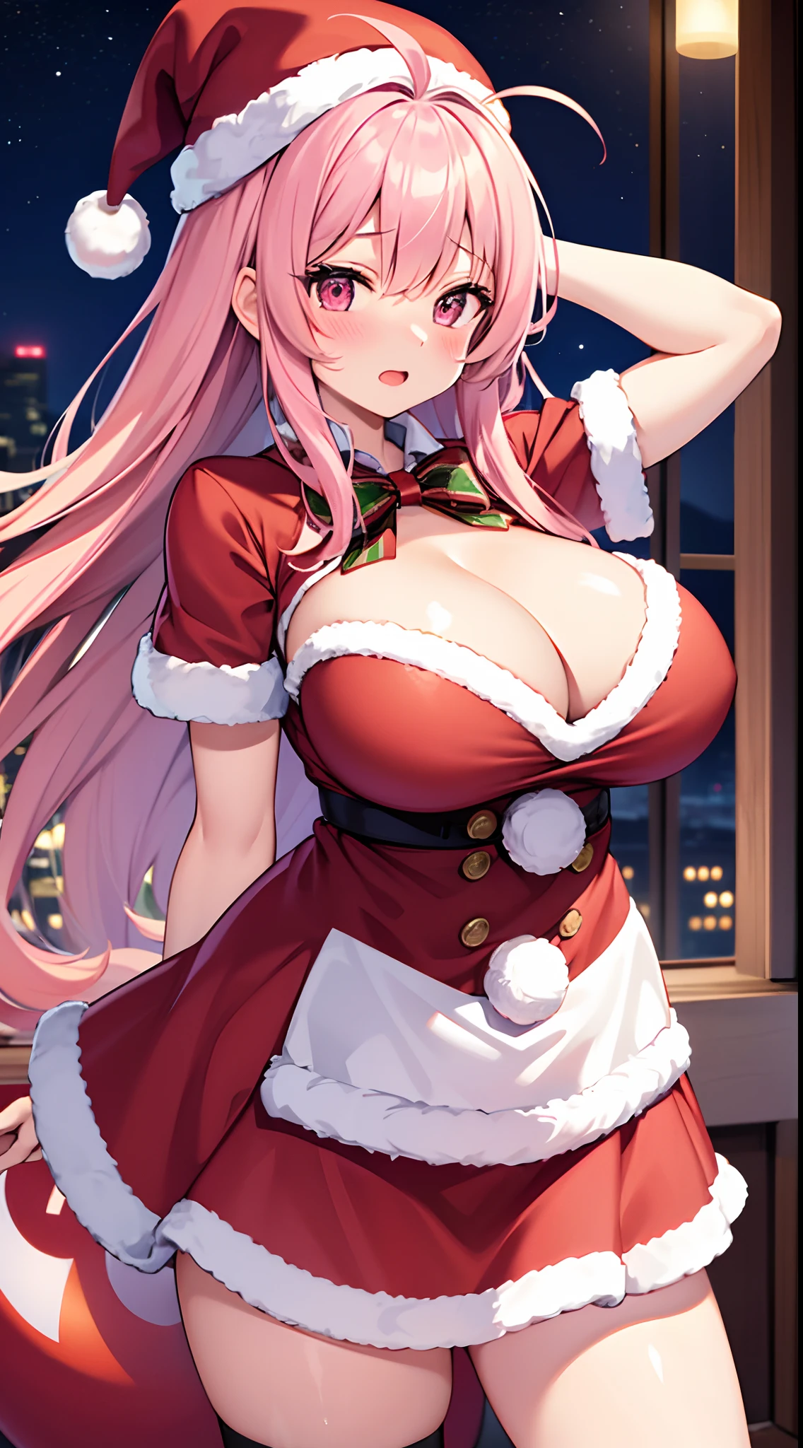 1 girl, game CG, mini Santa Claus costume, Santa Claus hat, gigantic breasts, pink hair, long hair, straight hair, ahoge, pink eyes, blush, party venue, night,