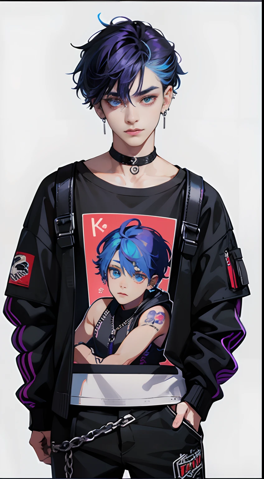 teen guy, punk, black clothing, belts, circuits, body piercings, Blue&Purple messy hair with white rows, Colorful prints on clothes, hooligan, Heterochromia, The left eye is blue, Right Eye Bright Red, Plain background, Cool atmosphere, reference sheet