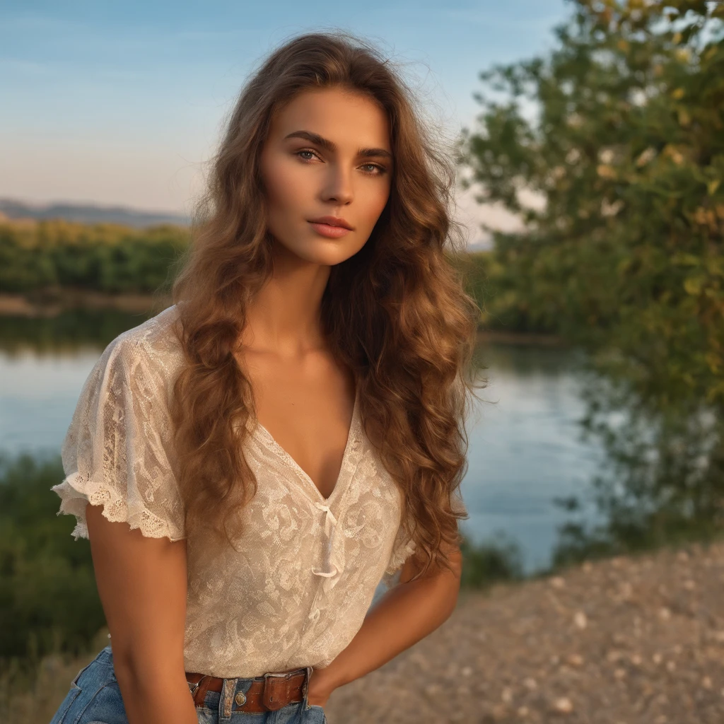 ***ung European girl standing by the river on the grass, Trees can be seen in the distance, The girl is 23 years old, She has well-developed musculature, She has expressive dark gray eyes and a small mole on her cheek, The beauty of her European face is accentuated by a golden tan, sweat drops, Long wavy light brown fluffy hair, She wears a white blouse and shorts, She is beautiful, Greece, A hot summer day, 8K UHD, Best Quality, Masterpiece, extra high resolution, (Realism: 1.4), Original Photo, (realistic skin texture: 1.3), (Film grain: 1.3), Realistic lighting, Portrait to the hips, (chromatic aberration), (ray traced), is looking at the camera