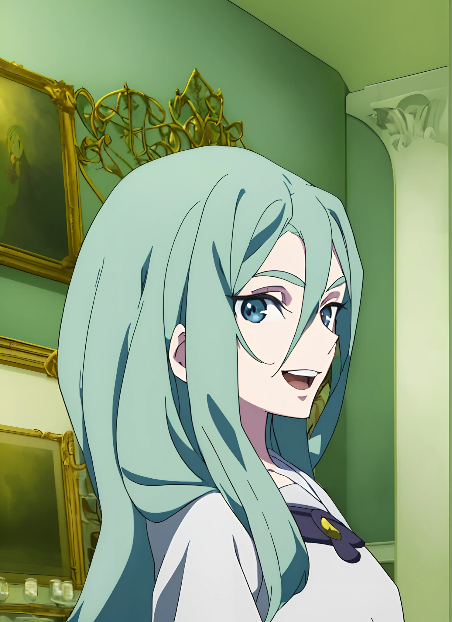 LWA masterpiece, best quality, 1girl, solo, blue eyes, looking at viewer, multicolored hair, long hair, open mouth, light green hair, smile, two-tone hair, blonde hair, parody, indoors, anime coloring
