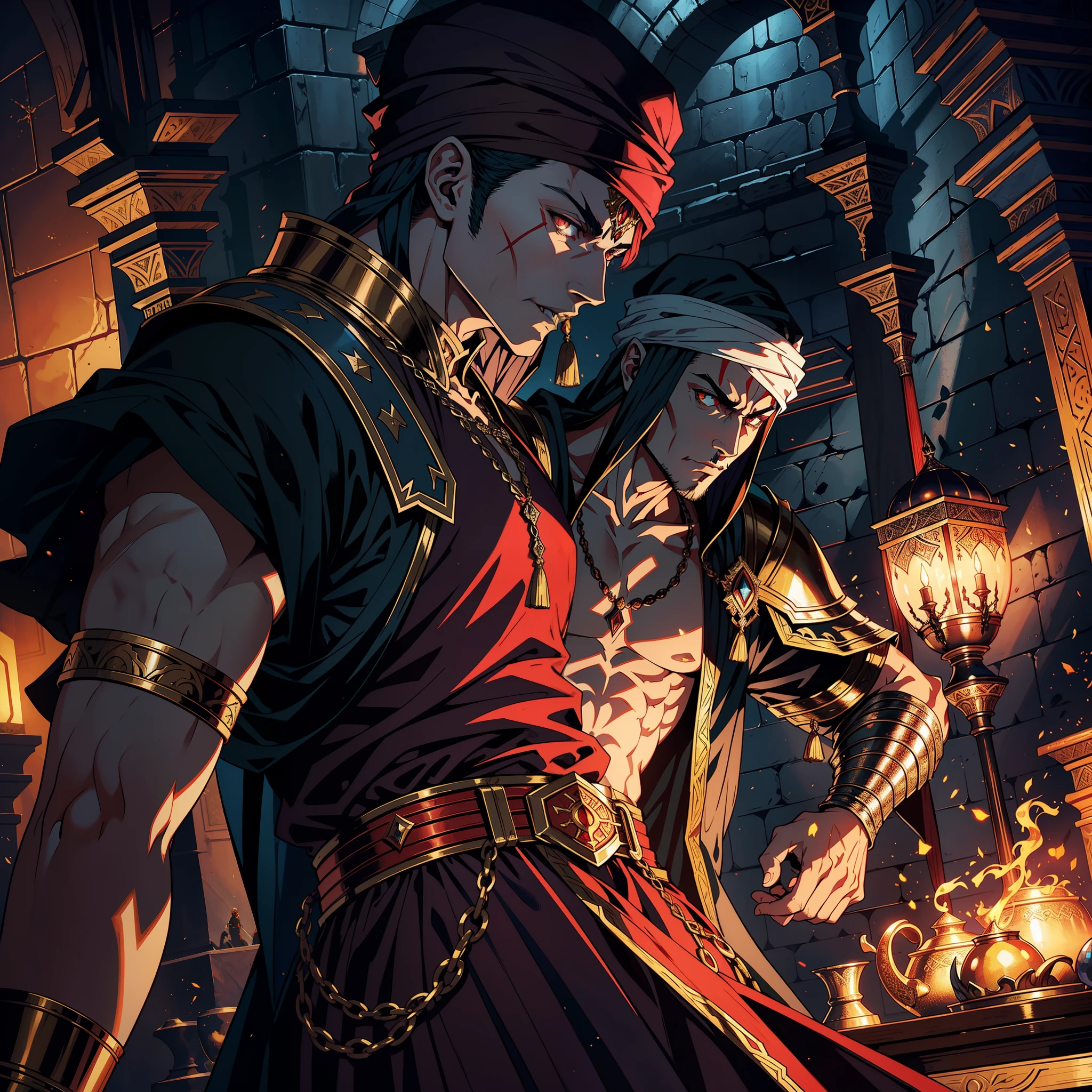 Hyper Realistic Lord Dracula Handsome Scary Legendary Man in His 36 Years Handsome with Red Moroccan Turban in a Fierce War Hyper Realistic Super Detailed Legendary Demons A Lot Of Dead Demons Scary Horific Scene