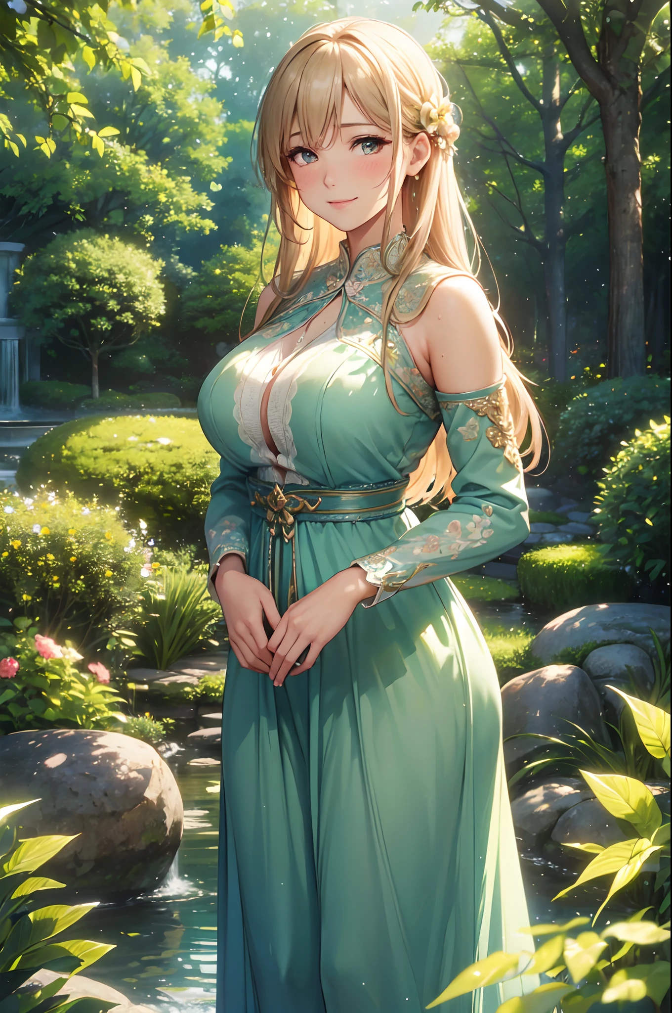 (High quality,High resolution,Fine details,Realistic),garden,solo,Adult Woman,flowing hair,radiant smile,lovely dress,peaceful and idyllic scenery,vibrant flowers,tall and swaying trees,soft sunlight filtering through the leaves,serene and tranquil atmosphere,bokeh lighting,sparkling eyes,blush,Large breasts,Sweat,Oily skin,Frontal