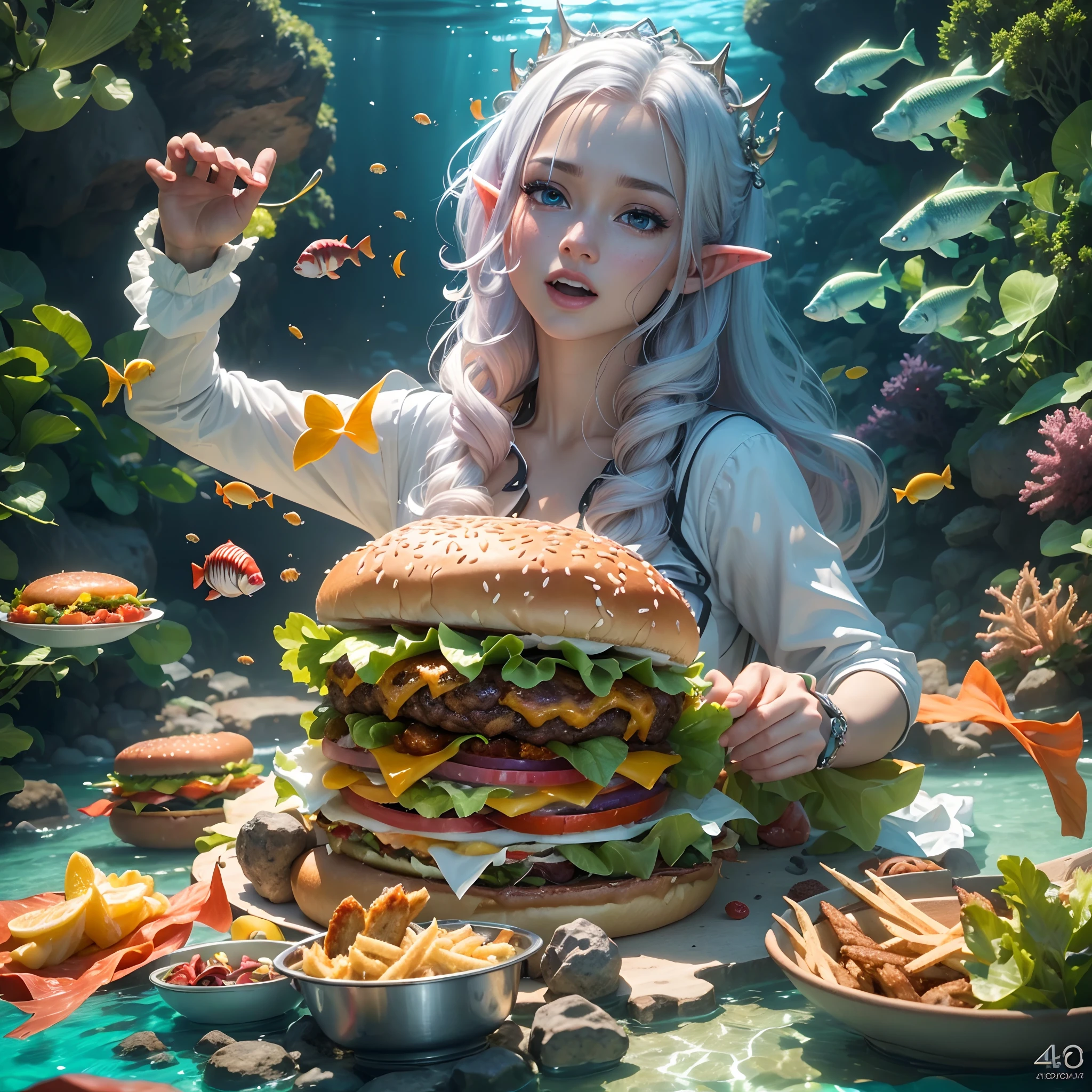 sportrait,Hamburger in the center of the picture,Fish Princess,long whitr hair,Vivid colors,ears of elf,joyful expressions,Prepare to eat a juicy burger,Delicious food,Close-up shot。At the bottom of the sea,[Marine life],the reef.(Best quality,4K,8K,A high resolution,Masterpiece:1.2),((Realistic,Photorealistic,photo-realistic:1.37))