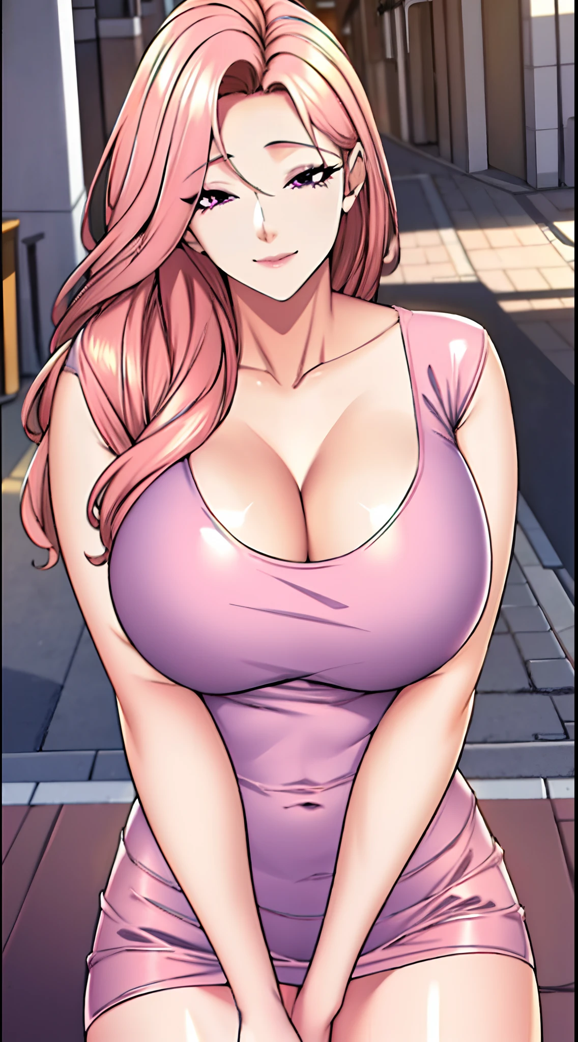 (8k, RAW photo, best quality, masterpiece:1.2),1girl,solo,mature female, purple eyes, pink hair, breasts,cleavage,
half-closed eyes,smile,