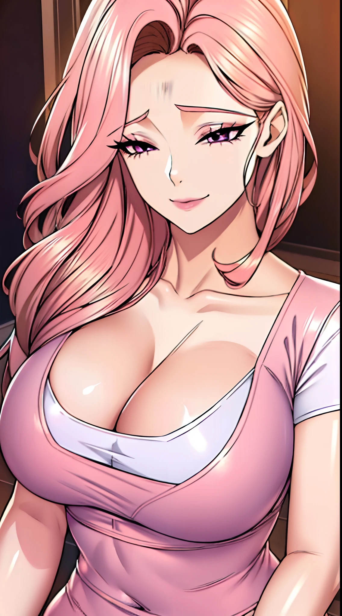 (8k, RAW photo, best quality, masterpiece:1.2),1girl,solo,mature female, purple eyes, pink hair, breasts,cleavage,
half-closed eyes,smile,