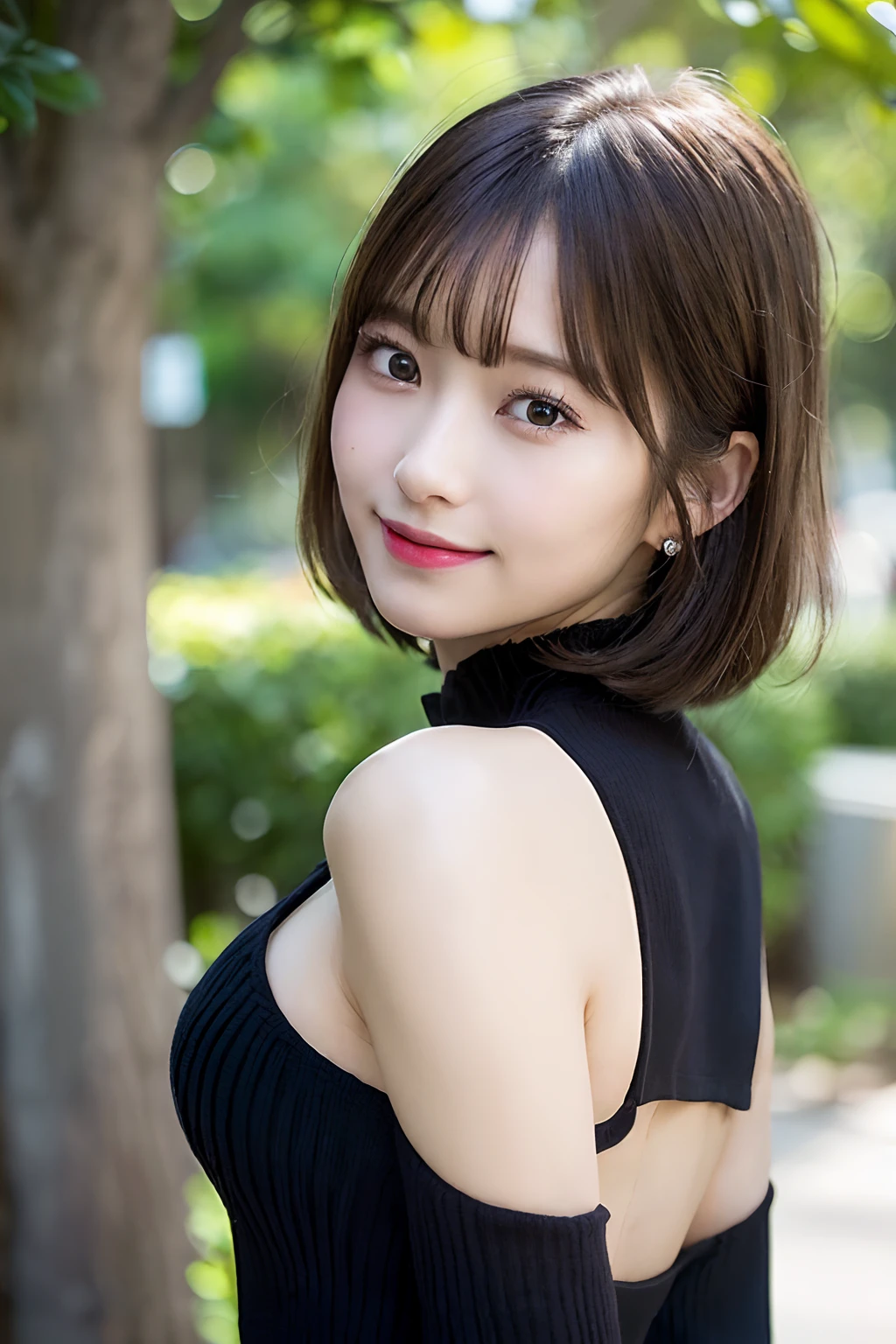 masutepiece、Best Quality、Illustration、 ultra-detailliert、hight resolution、8K Wallpapers、Perfect dynamic composition,、Beautiful detailed eyes、Medium Hair、(Beautiful Large Breasts:1.3)、Natural Color Lip、Bold sexy poses、Smile、Harajuku、20 years girl、Cute、Sexy shot looking at camera、(top-quality: 1.3), (masterpiece: 1.3), (Super Detail: 1.3), (wall-paper, one girls: 1.1)、(Detailed hands and fingers:1.2)、(Detailed ultra-oily shiny skin:1.1)、oily shiny thighhigh、(Perfect beautiful black sleeveless high neck knit top:1.4)、Denim shorts、Brown hair、short-hair、bouncing hair、Beautiful sister、(a park:1.2)、(Beautiful Large Breasts:1.2) 、((laying on back)),Raising arms