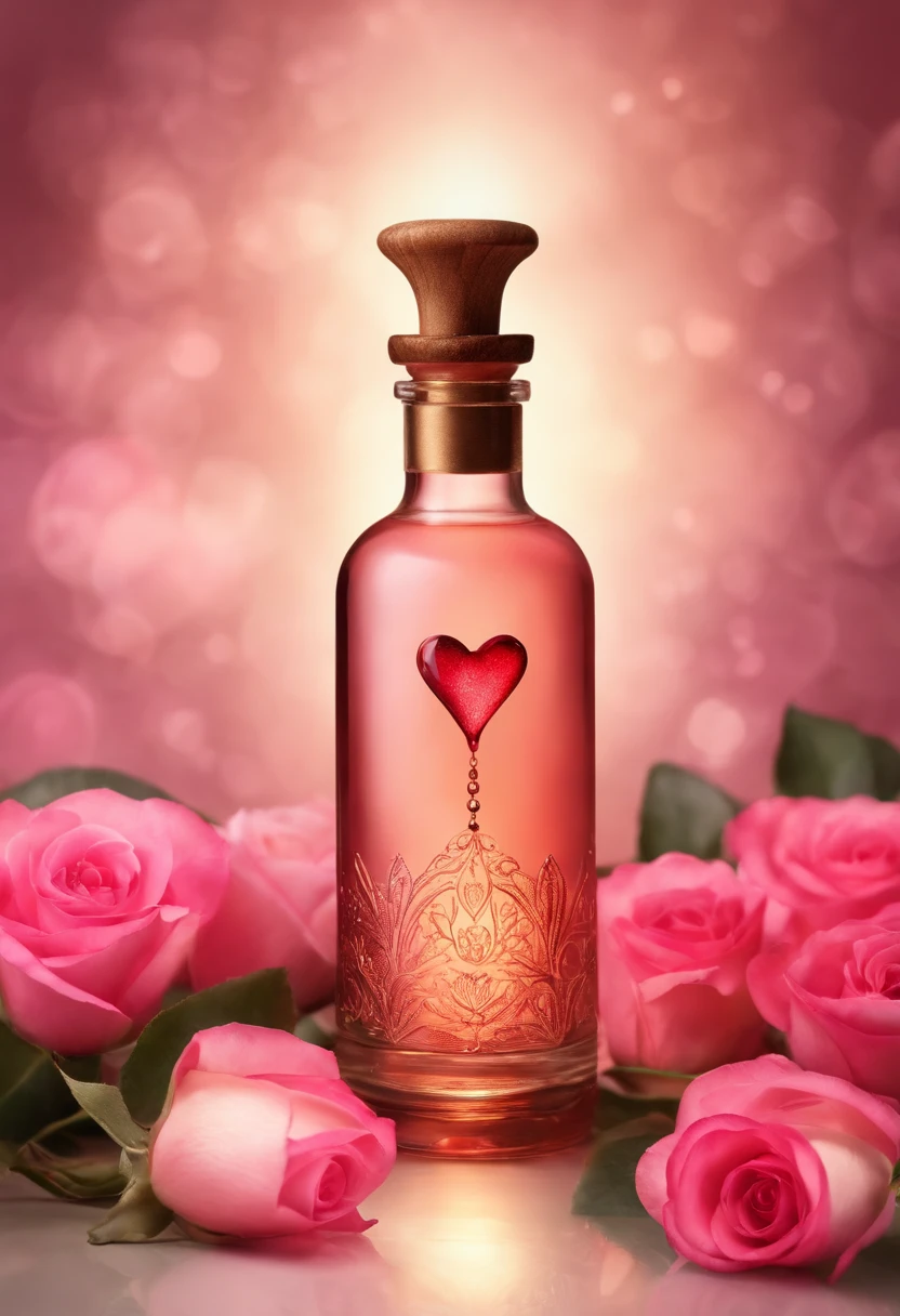 a boyyle of potion called the  Love Elixir, a velvety elixir encased in a heart-shaped, rose-pink vial, invokes the purest and deepest forms of affection and empathy. When uncorked, a soft, rosy light emanates, warming the surroundings. Its aura fosters bonds, making hearts beat in harmony. Whether it's for self-love, friendship, or romantic connections, this elixir brings forth the power of emotional resonance and compassion. hyper realistic ,photo realisti, realistic
