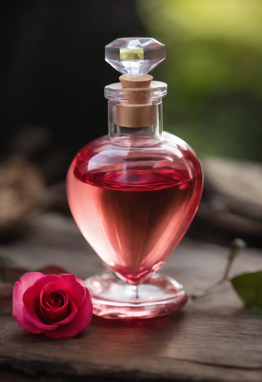 a boyyle of potion called the  Love Elixir, a velvety elixir encased in a heart-shaped, rose-pink vial, invokes the purest and deepest forms of affection and empathy. When uncorked, a soft, rosy light emanates, warming the surroundings. Its aura fosters bonds, making hearts beat in harmony. Whether it's for self-love, friendship, or romantic connections, this elixir brings forth the power of emotional resonance and compassion. hyper realistic ,photo realisti, realistic