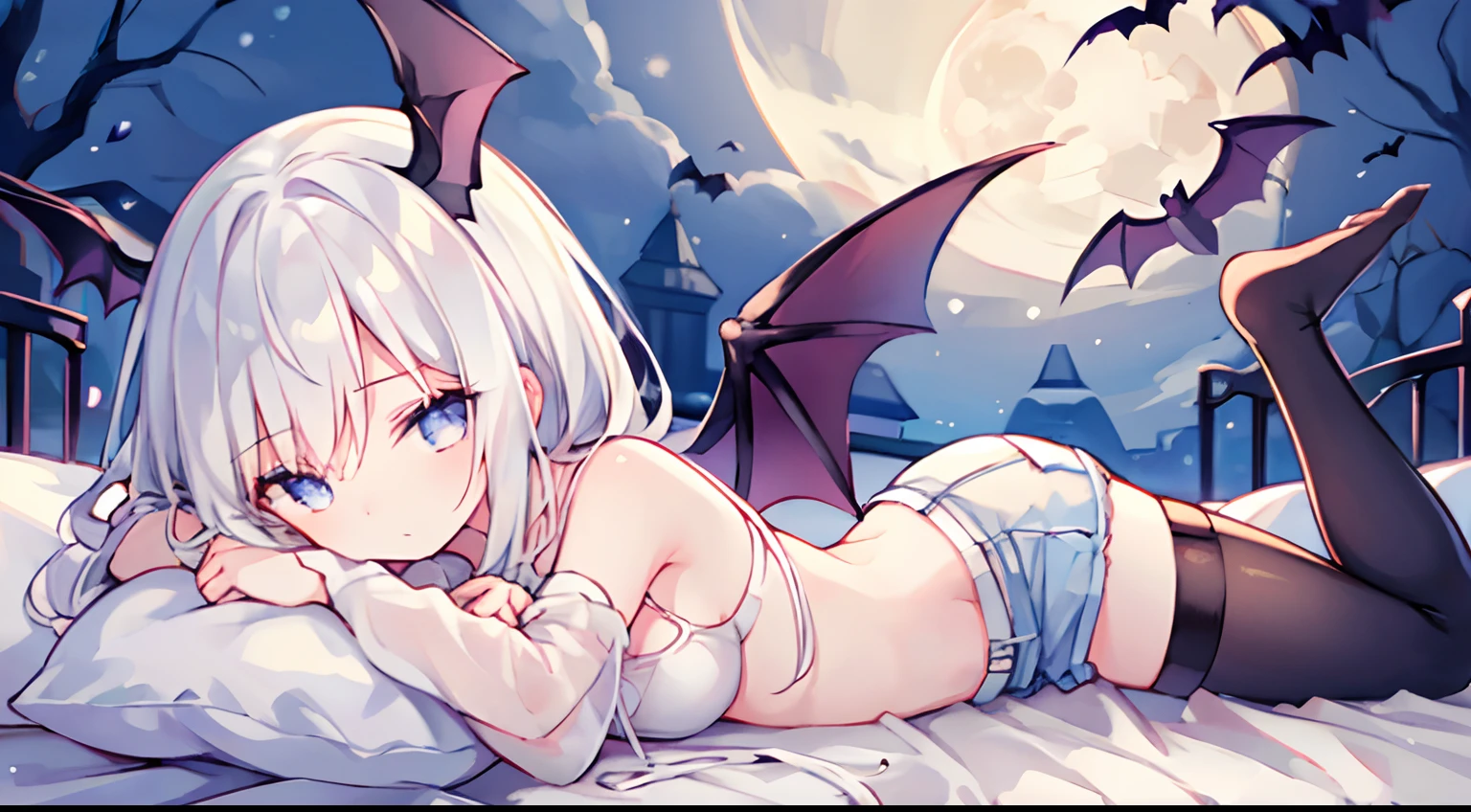 {high quality}, 1girl, white hair, bat wings, lying in bed, {sleepy eyes}, wearing shorts and bra, {night}, {moon light},