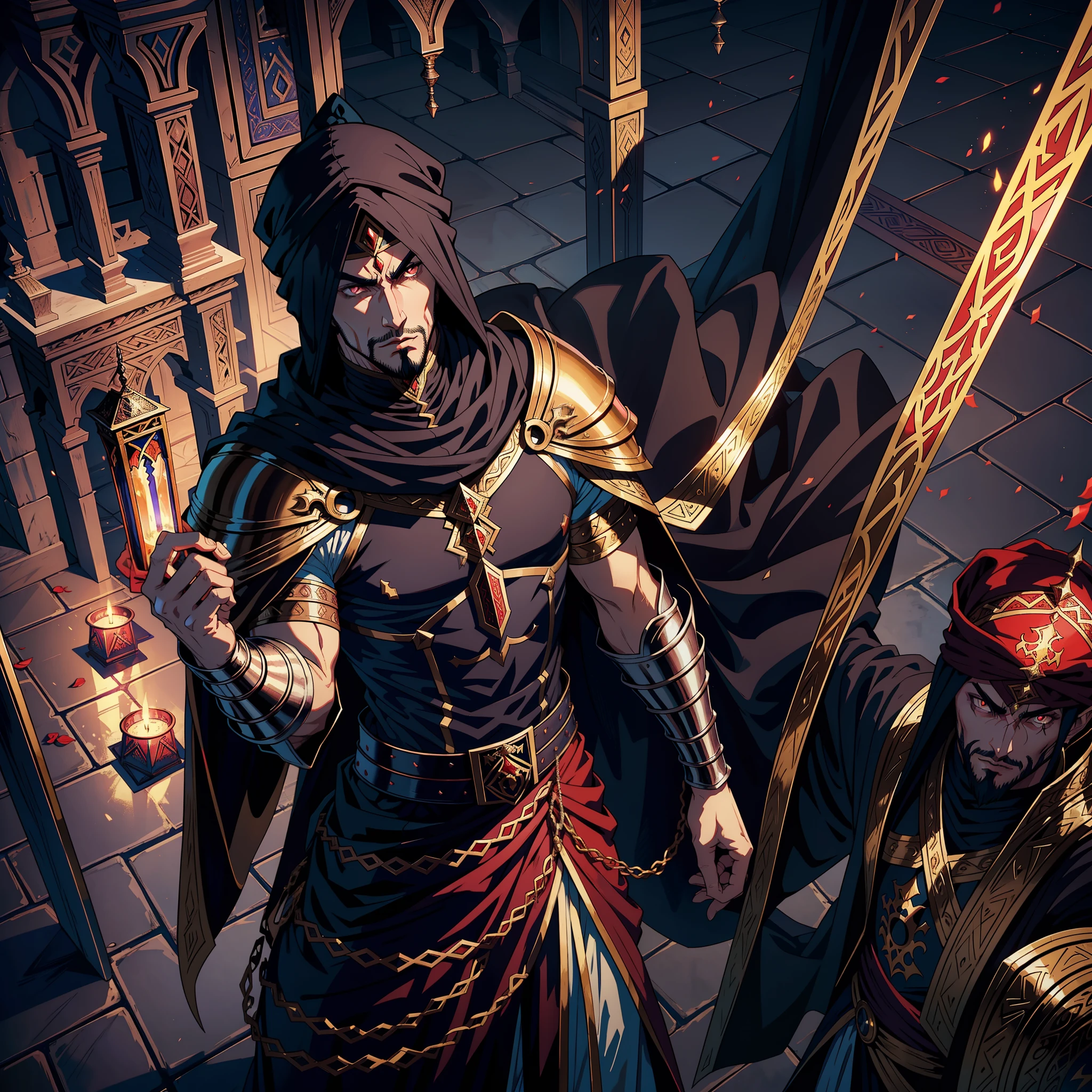 Moroccan Arab Handsome Muscular Lord Dracula Castlevania Lord of Shadows wearing super detailed hyper realistic Islamic armor Dynamic Shot Centerpiece Cutscenes Epic Legendary Moroccan Arab Lord Dracula with Islamic Turban and Armor Ruling Troops Army of demons to fight sharp details Cinematic Scenes Epic Movie Legendary Lord