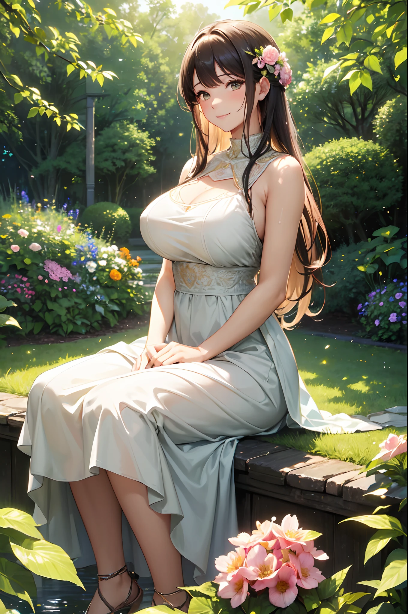 (High quality,High resolution,Fine details,Realistic),garden,solo,Adult Woman,flowing hair,radiant smile,lovely dress,peaceful and idyllic scenery,vibrant flowers,tall and swaying trees,soft sunlight filtering through the leaves,serene and tranquil atmosphere,bokeh lighting,sparkling eyes,blush,Large breasts,Sweat,Oily skin,Frontal