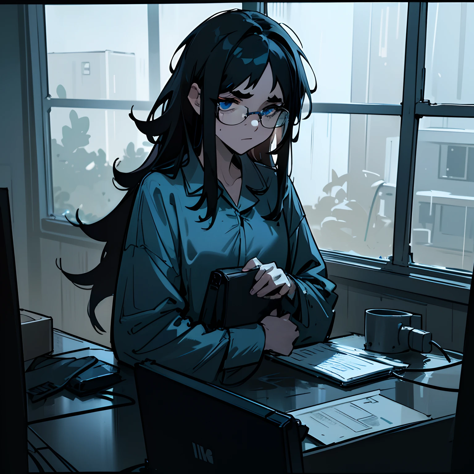 volumetric lighting, ambient lighting, highres, masterpiece, 8k, (dark blue eyes with dark circles), tired, melancholy, depressed, detailed black hair, (messy hair), long hair, disheveled, unwashed, thick eyebrows, wearing dirty pajamas, (wearing glasses), rainy window in background, laptop computer, multiple tangled black electrical cables, led lights, plushie