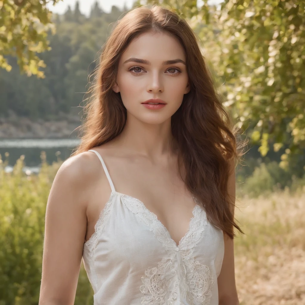 ***ung European girl standing by the river on the grass, Trees can be seen in the distance, The girl is 23 years old, She has well-developed musculature, She has expressive dark gray eyes and a small mole on her cheek, The beauty of her European face is accentuated by a golden tan, Long wavy light brown fluffy hair, She wears a white blouse and shorts, She is beautiful, a perfect face, the perfect body, Greece, A hot summer day, 8K UHD, Best Quality, Masterpiece, extra high resolution, (Realism: 1.4), Original Photo, (realistic skin texture: 1.3), (Film grain: 1.3), Realistic lighting, Portrait to the hips, (chromatic aberration), (ray traced), is looking at the camera