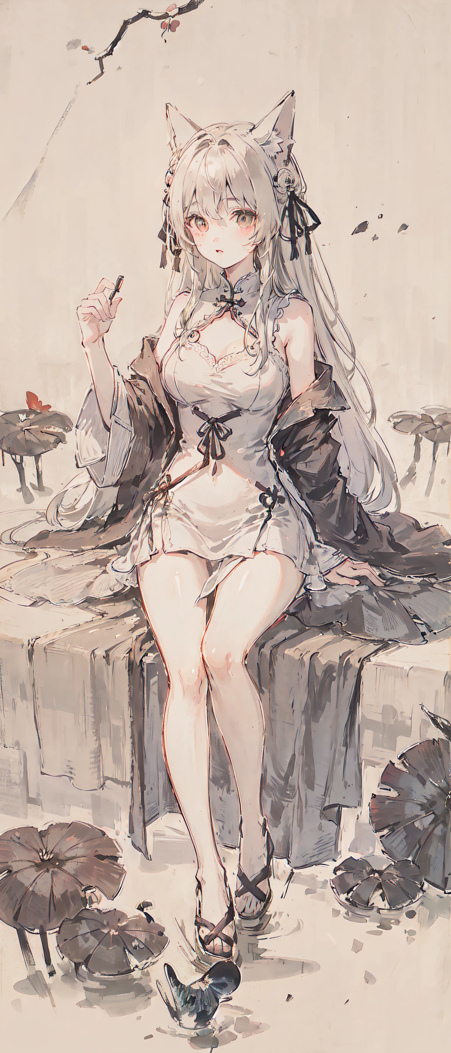 ((4k,masterpiece,best quality)), shuimobysim, traditional chinese ink painting, lotus, hanfu, maxiskit, dress conservatively
1 girl, solo, white hair, long hair, fox ears, white, bikini, fish, many fish near girl, look at viewer, tease