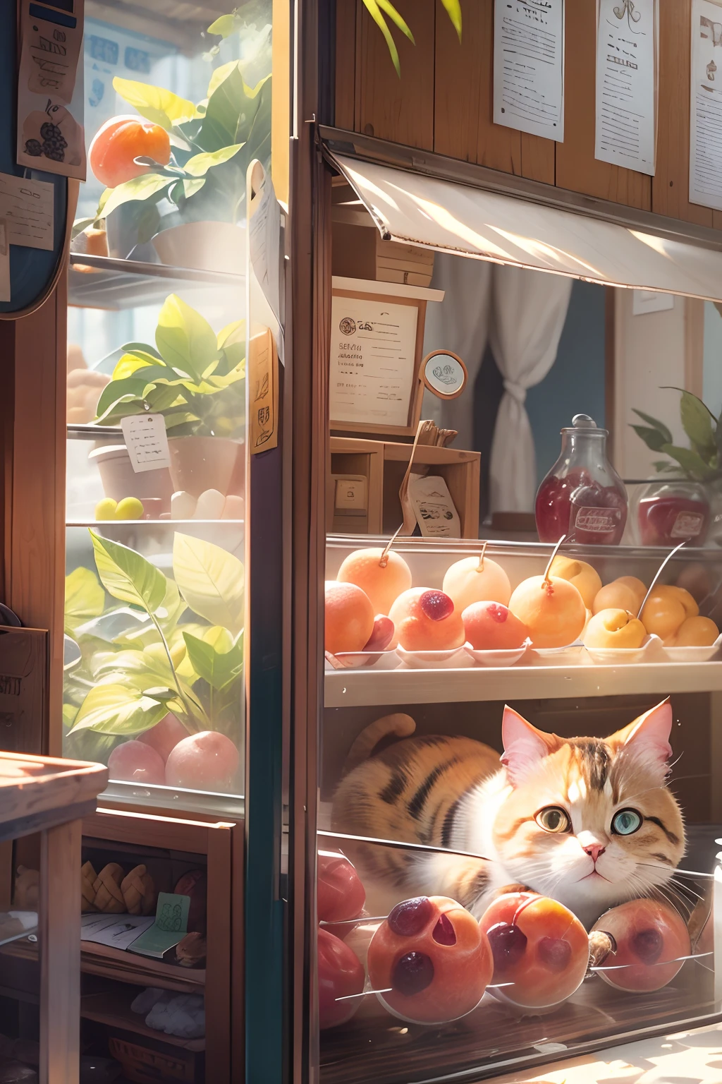 A round-eyed cute cat, At the Ice Fruit Shop , Sunlight outside the window.