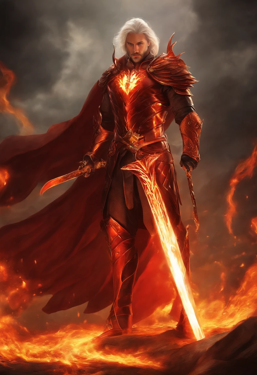 Description: The Phoenixfire Longsword's enigmatic male master stands within the heart of a scorching inferno, his fiery countenance mirroring the weapon's molten red flames. As he wields the sword, the flames dance in perfect harmony with his fiery presence, creating an eternal cycle of destruction and rebirth that embodies the essence of a phoenix's enduring passion.