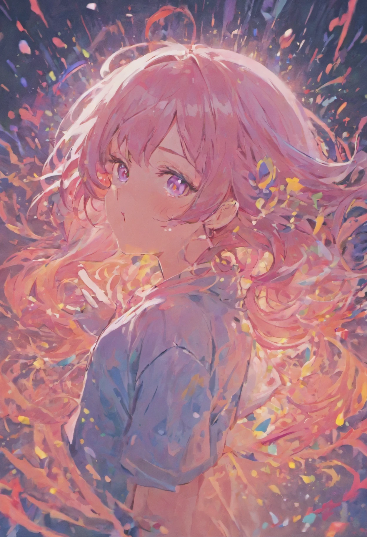 （tmasterpiece、best qualtiy、A high resolution），white backgrounid，（（paint splatter，splash of color，Splash ink、Color splattering）），girl，rainbow hair，Pink lips，Side 3 sides，The upper part of the body