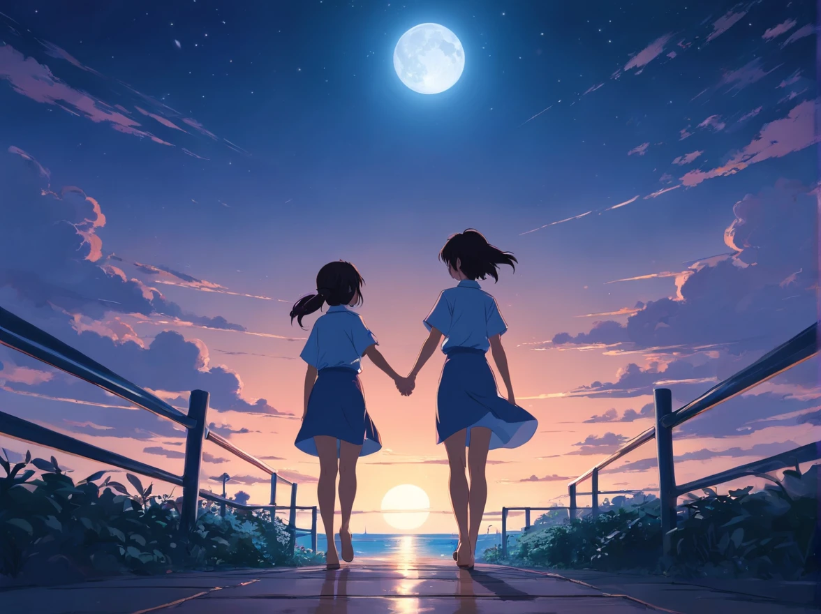 under moonlight,Two black shadows held hands,One big and one small,NOWAI