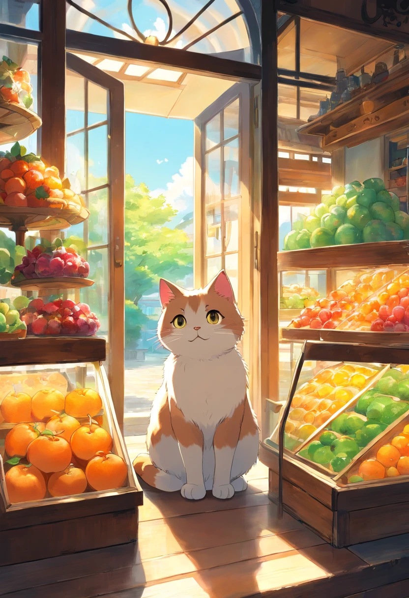 A round-eyed cute cat, At the Ice Fruit Shop , Sunlight outside the window.