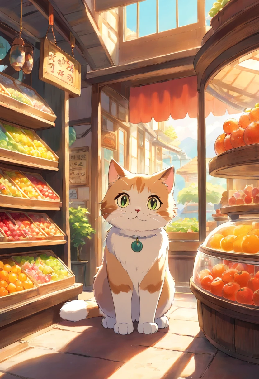 A round-eyed cute cat, At the Ice Fruit Shop , Sunlight outside the window.