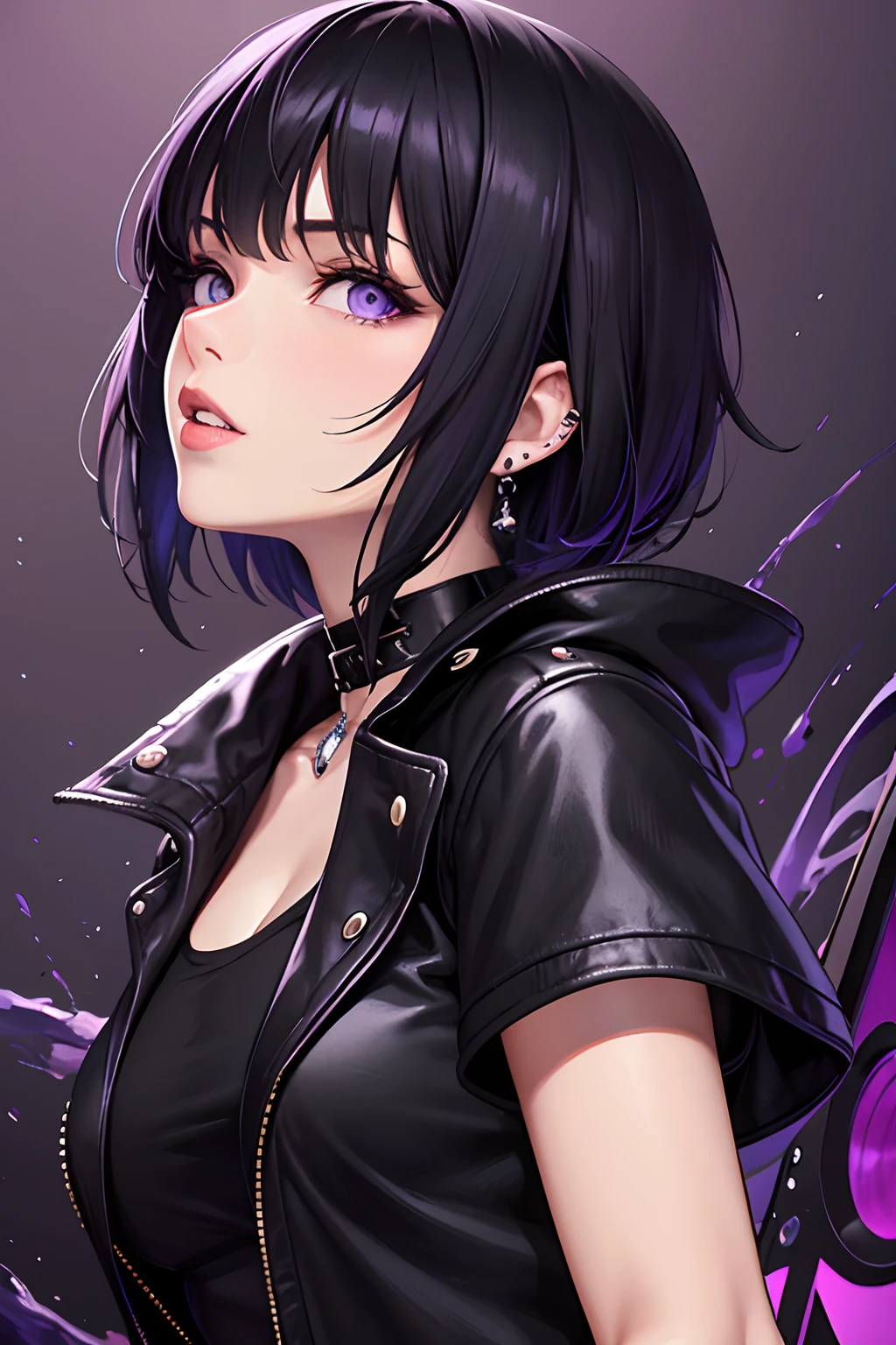 masutepiece, Best Quality, a 20 yo woman, Cool Face,Shadow,Bery short hair,livestream,Purple eyes,blac hair,Blue-purple gemstone choker,Sharp eyes,tight outfit,Mixed background with black, blue and green,drum,The artists,audience,highly contrast,close up,Beautiful lips,Big piercings,Large Black Jacket,Sexy fragrance,Grains of light,Bangs and bangs