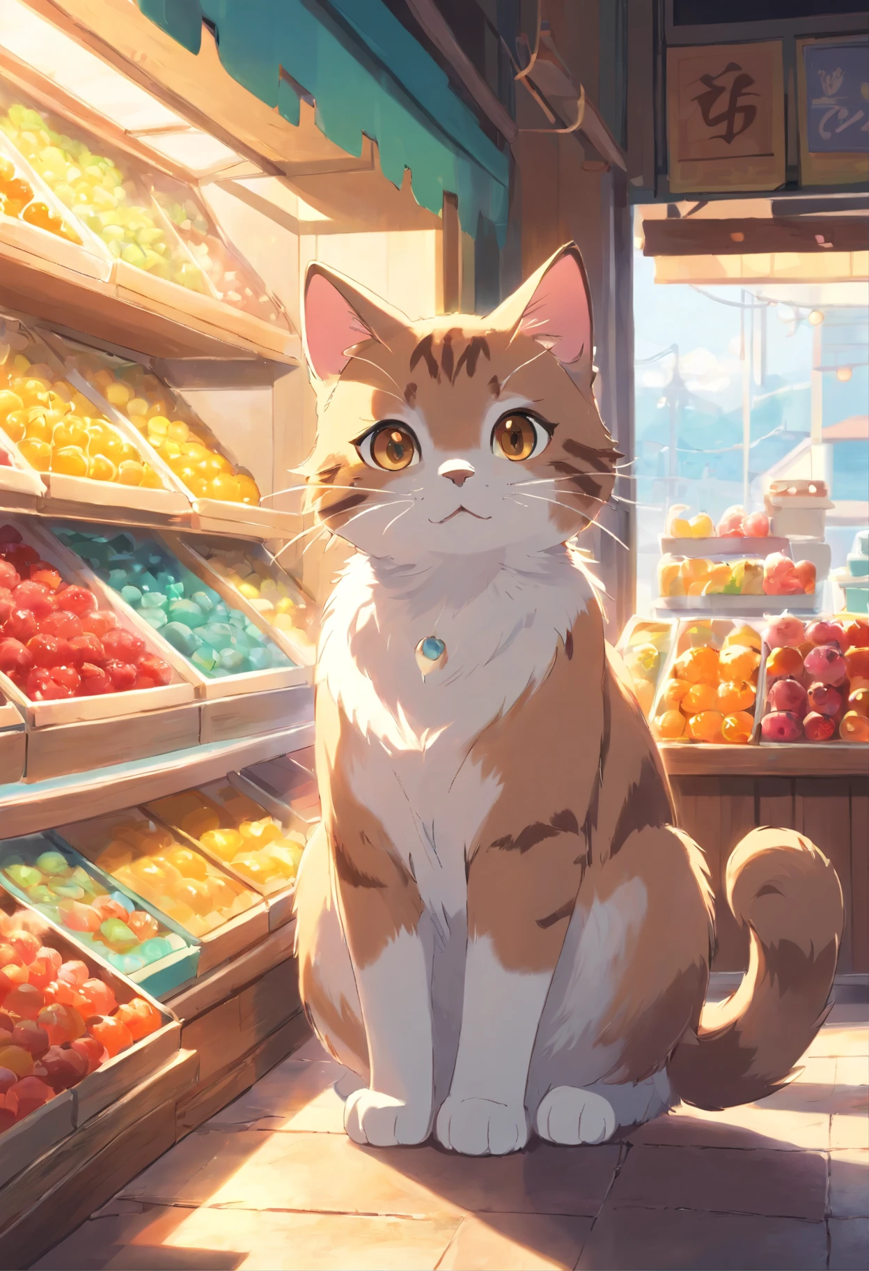 A round-eyed cute cat, At the Ice Fruit Shop , Sunlight outside the window.