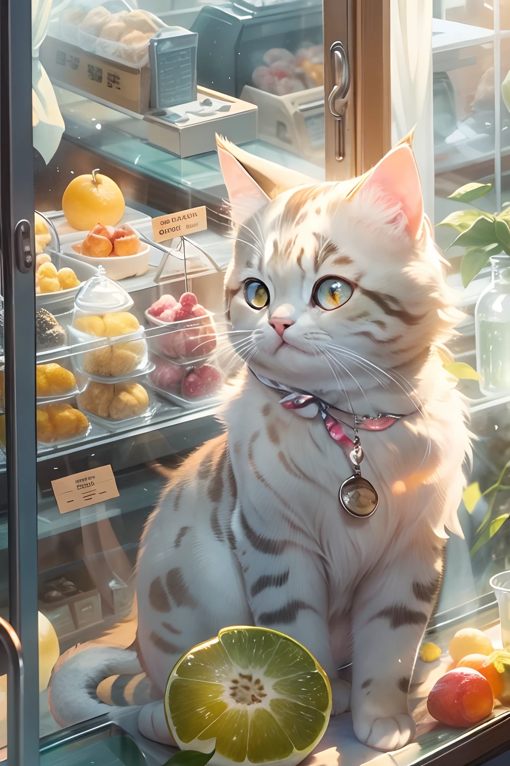 A round-eyed cute cat, At the Ice Fruit Shop , Sunlight outside the window.