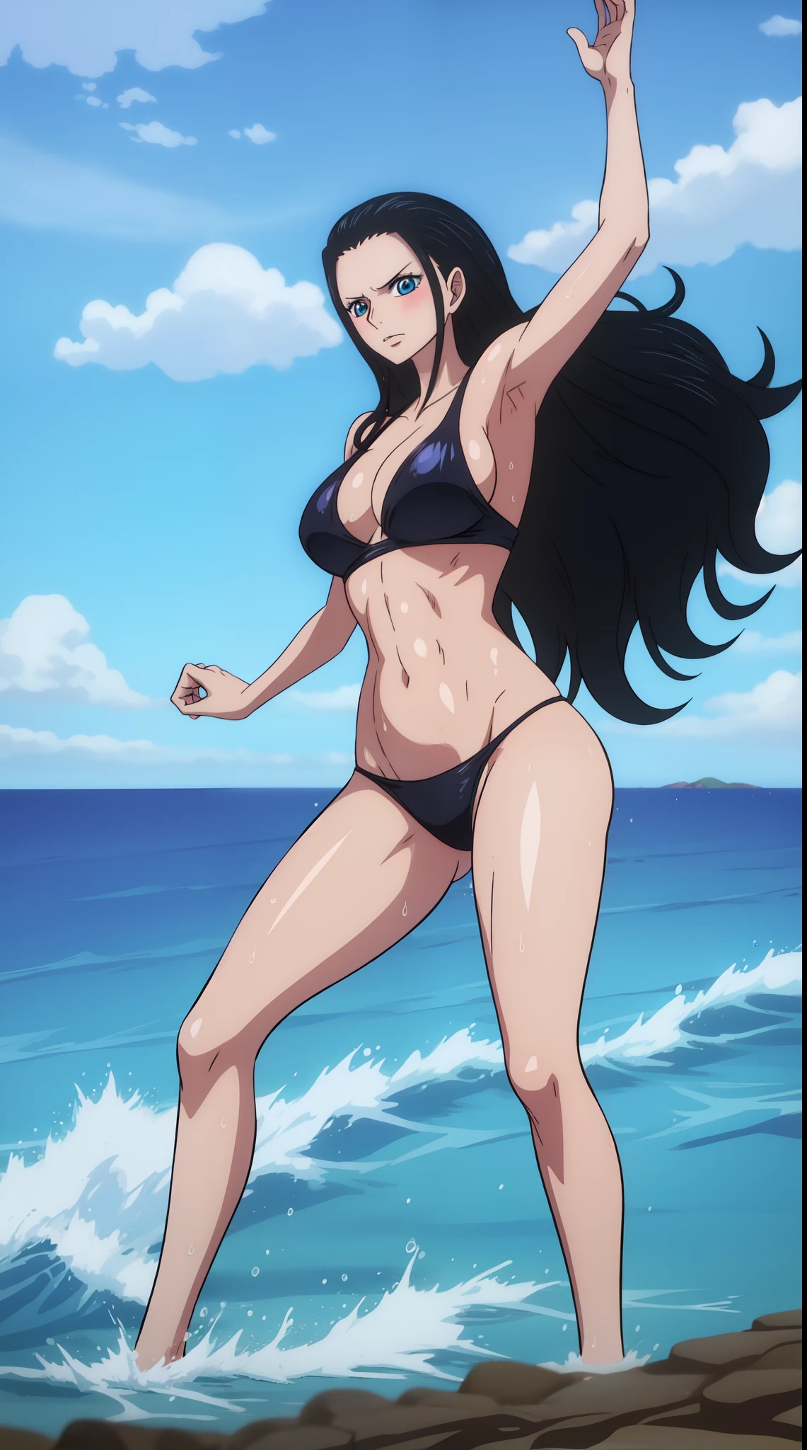 Nico Robin from one piece, black long hair, blue eyes, dark wide pupils, blushing checks, big breasts, wearing mini tight thong bikini, standing on the beach, dynamic view, dynamic pose, cinematic view, cinematic pose, sexy pose, sexy body, sunrise, evining theme, shiny skin, wet body, abs, six pack, wet, hands up, armpit,