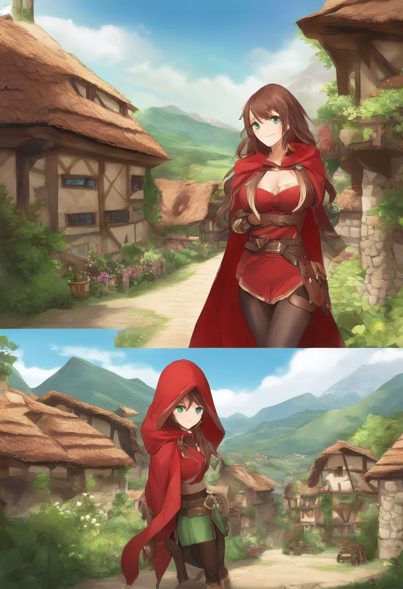 ((Beast Tamer of Redstone、Wear a red cloak, Wearing a red hood, Fully round eyelids, Green Bikini, Leather shorts, Belt bag, green colored eyes, Light brown long hair、Wavy Hair, a smile、Smaller chest:1.1)) , jrpg character art、(masutepiece, Best Quality, 8K、A detailed face:1.1)Idyllic farming village in the background