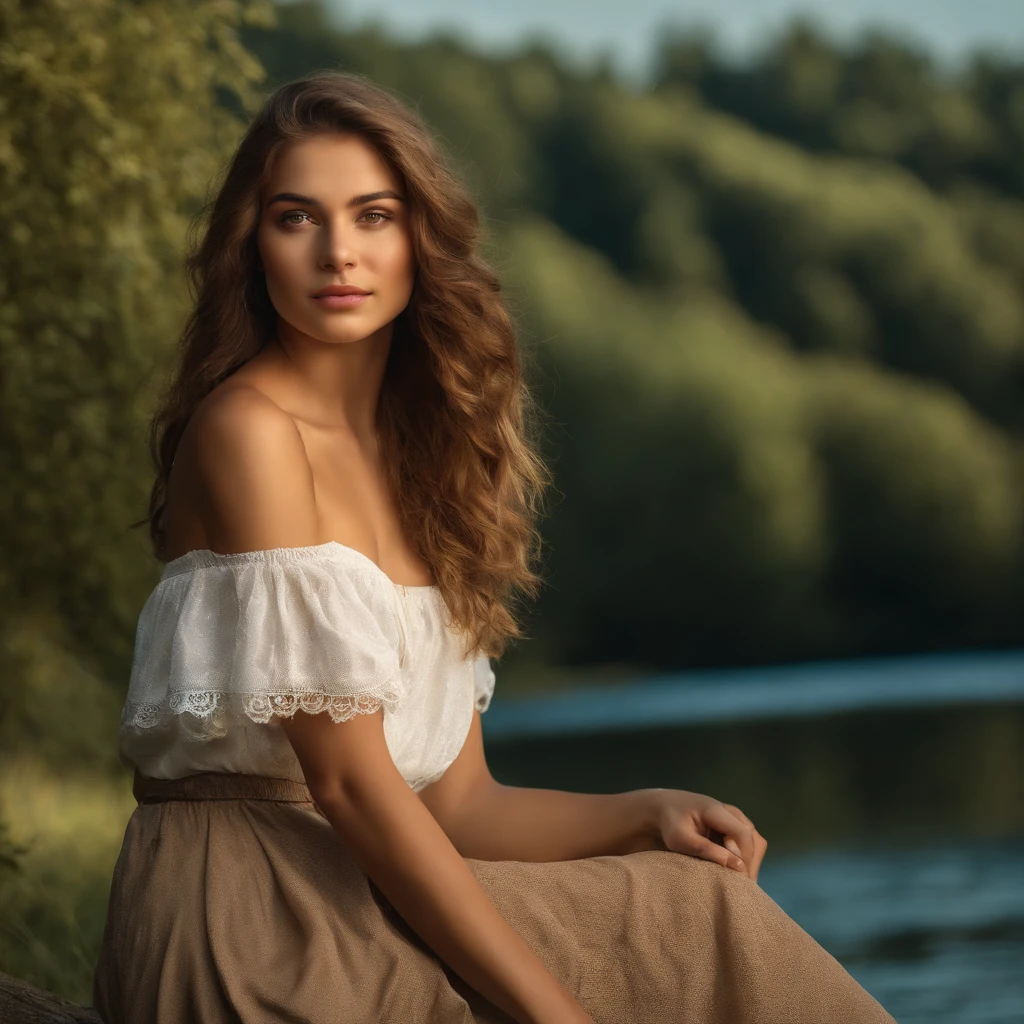 ***ung European girl standing by the river on the grass, Trees can be seen in the distance, The girl is 23 years old, She has well-developed musculature, She has expressive dark gray eyes and a small mole on her cheek, The beauty of her European face is accentuated by a golden tan, Long wavy light brown fluffy hair, She wears a white blouse and shorts, She is beautiful, a perfect face, the perfect body, Greece, A hot summer day, 8K UHD, Best Quality, Masterpiece, extra high resolution, (Realism: 1.4), Original Photo, (realistic skin texture: 1.3), (Film grain: 1.3), Realistic lighting, Portrait to the hips, (chromatic aberration), (ray traced), is looking at the camera