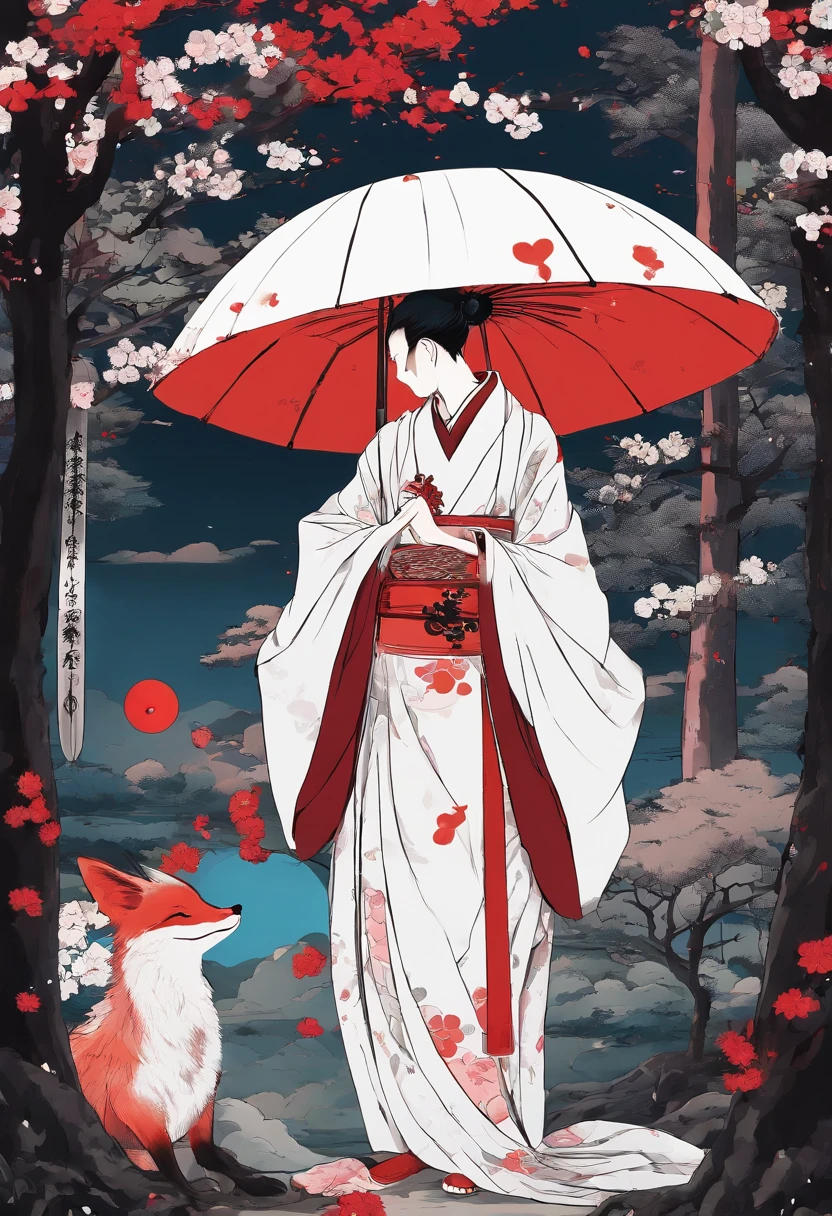 Man wearing a white haori kimono and hiding his face with a fox face holding a red snake-eyed umbrella and a Japan sword。tons of corpses、bloody、Return blood、trees、street、Moon Night、Red Moon