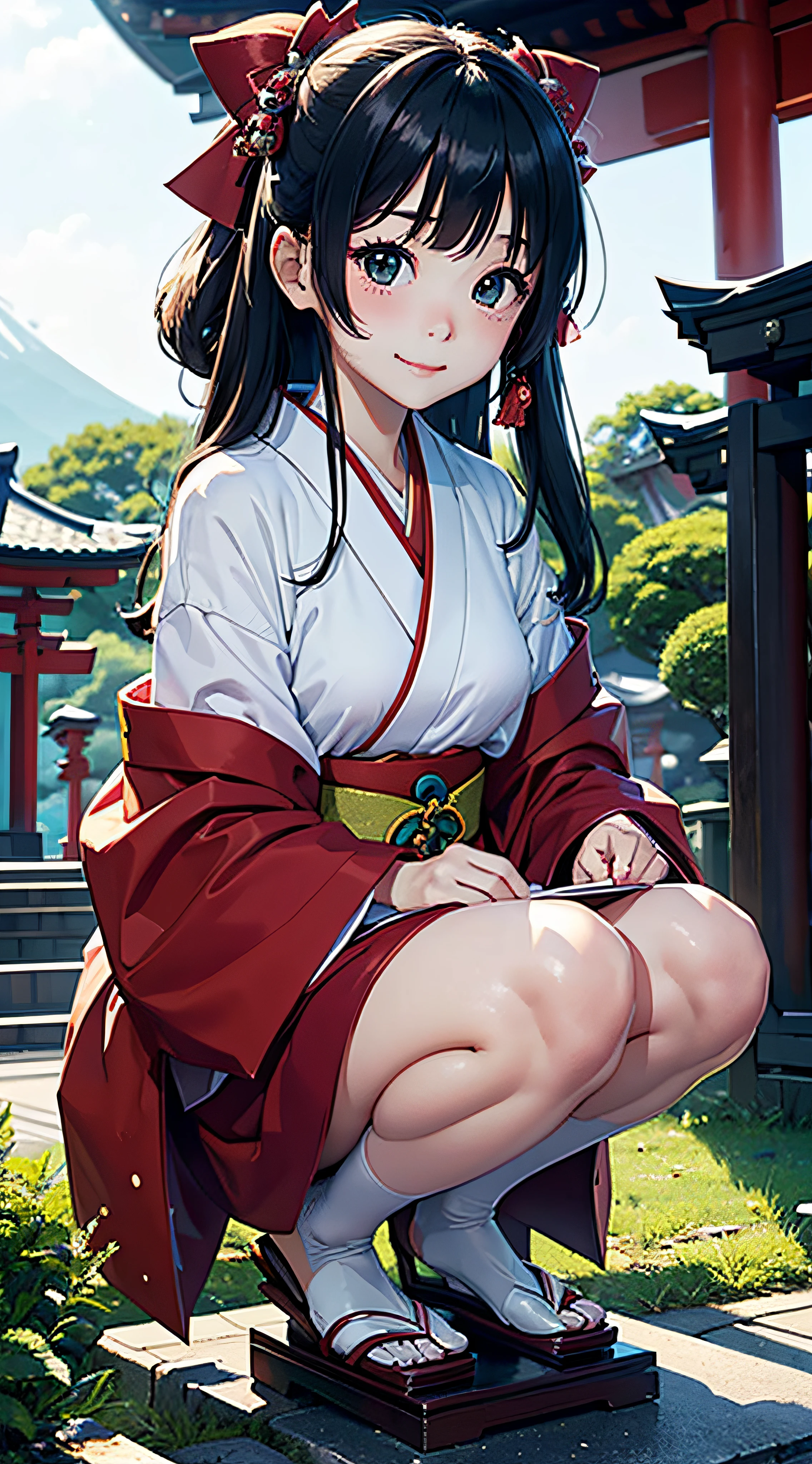(Japan Beauty、shrine maiden、17 age、Beautuful Women:1.5、cute little、spotless、daytime、Mare)、Write、a smile、Slightly red cheeks)、shrines