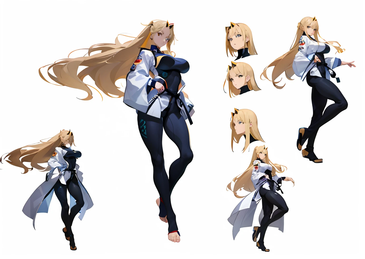 a girl wearing a swinsuit underneath karate robes, blonde hair, very long ponytail, several poses and expressions, ( ( character concept art ) ), character artwork, official character art, anime character design, blonde anime girl with long hair, cushart kenz, guilty gear art direction, character concept reference art, cushart krenz key art feminine, art by Bengus, detailed anime character art