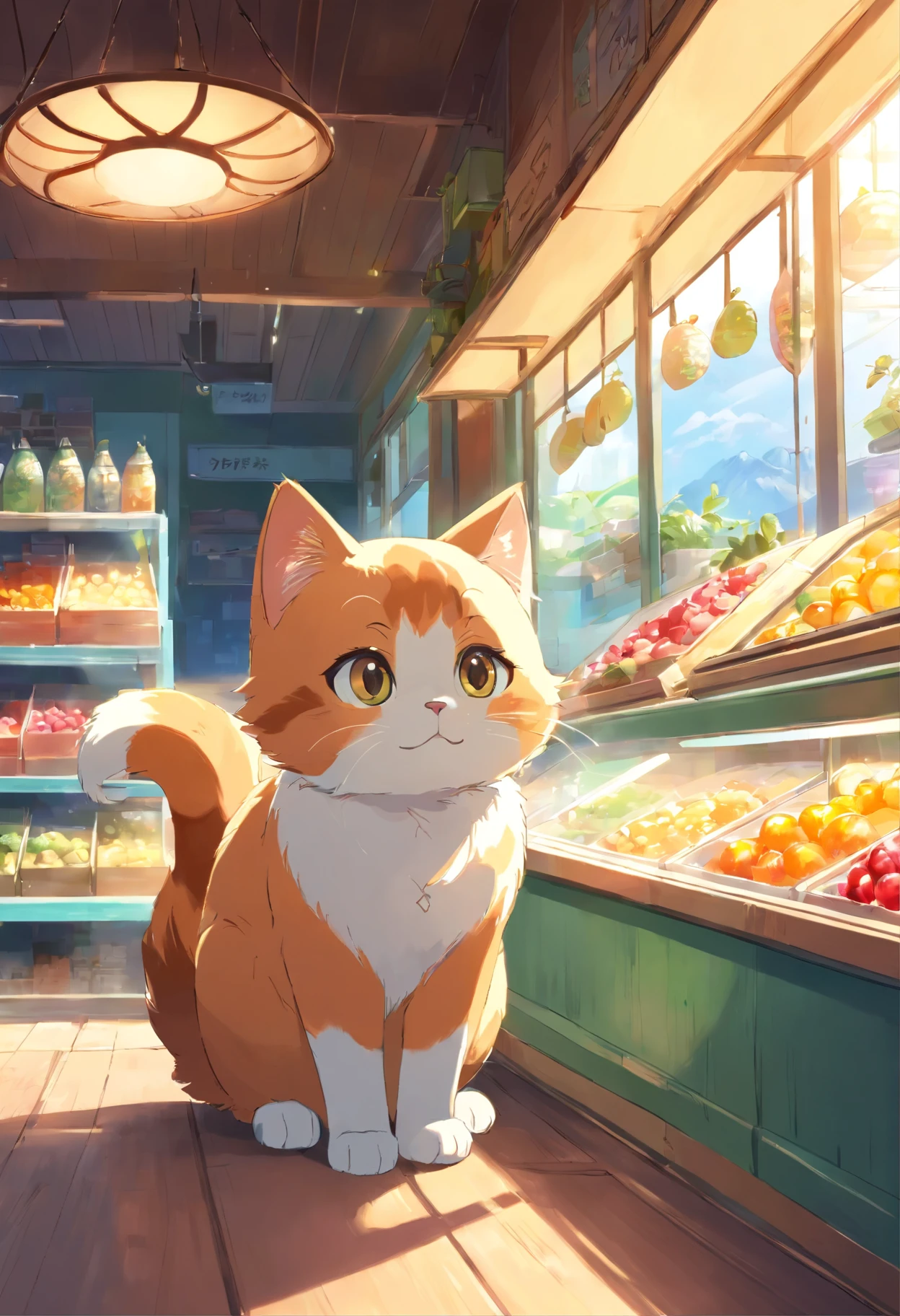 A round-eyed cute cat, At the Ice Fruit Shop , Sunlight outside the window.