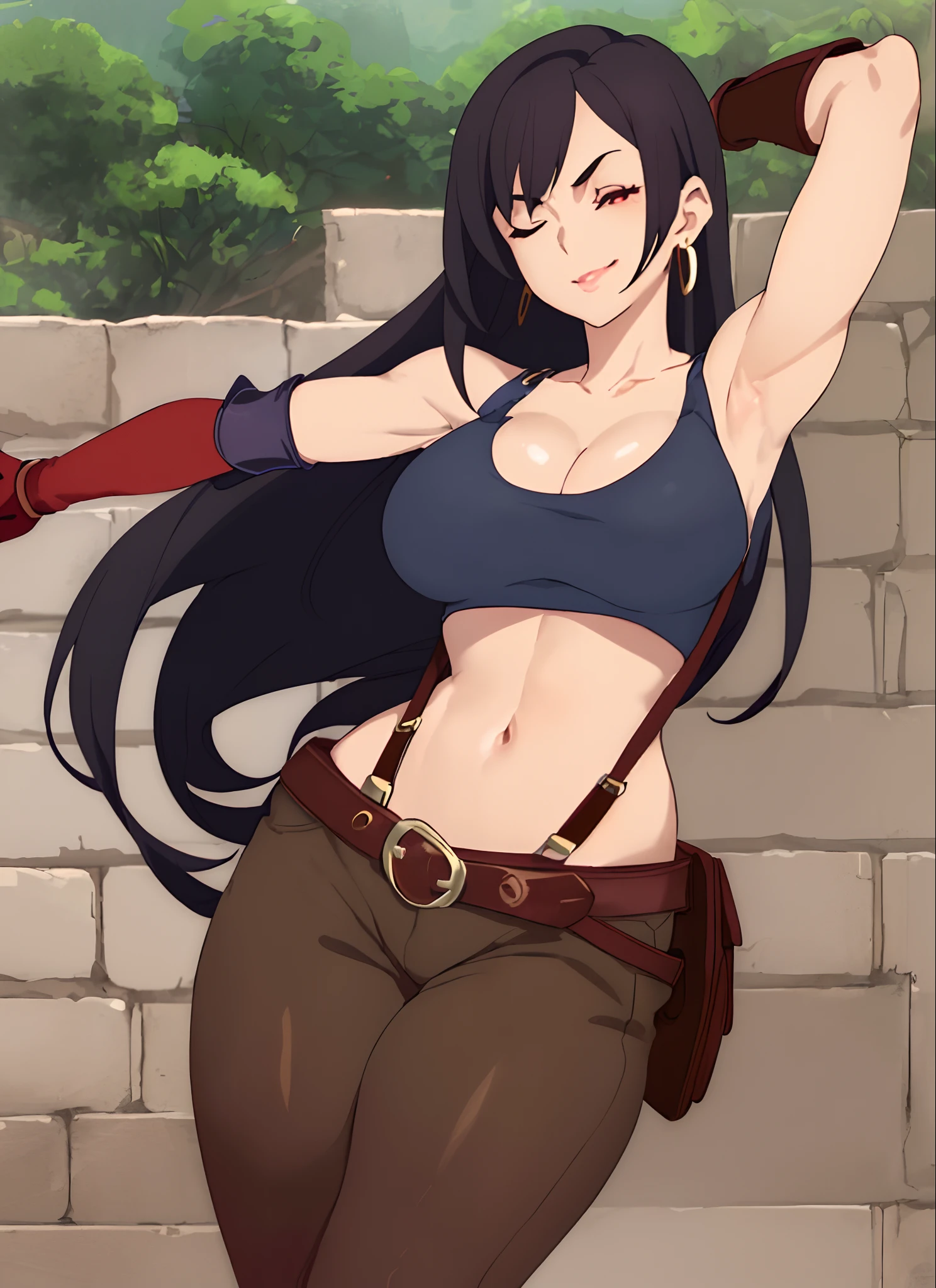 LWA tifa lockhart, 1girl, thick lips, arm up, armpits, artist name, belt, black hair, breasts, brown eyes, cleavage, closed mouth, collarbone, cowboy shot, crop top, earrings, elbow gloves, elbow pads, gloves, jewelry, large breasts, lips, long hair, low-tied long hair, midriff, navel, one eye closed, outdoors, skirt, smile, solo, stomach, suspenders, tank top, upper body, ((masterpiece))