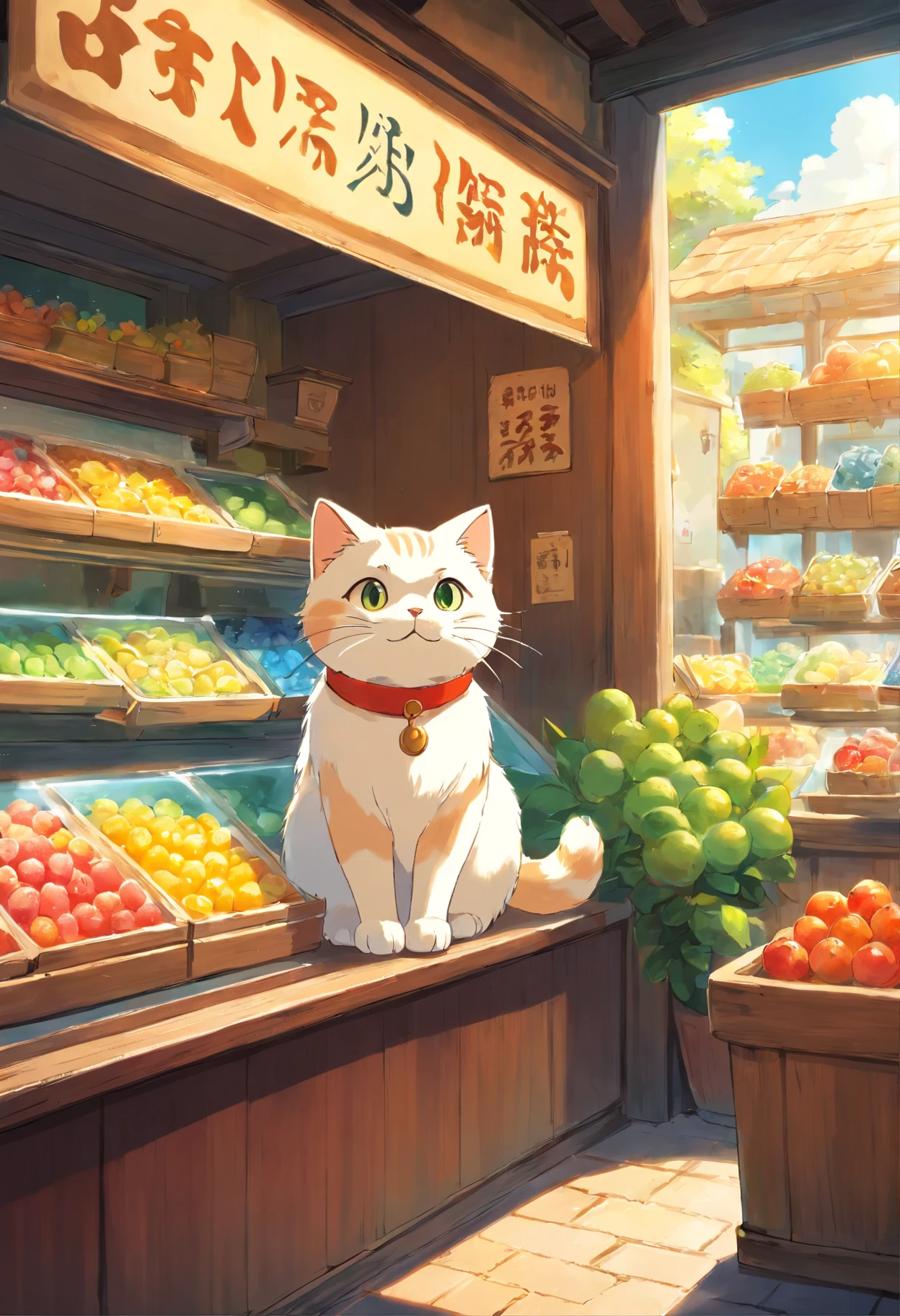 A round-eyed cute cat, At the Ice Fruit Shop , Sunlight outside the window.